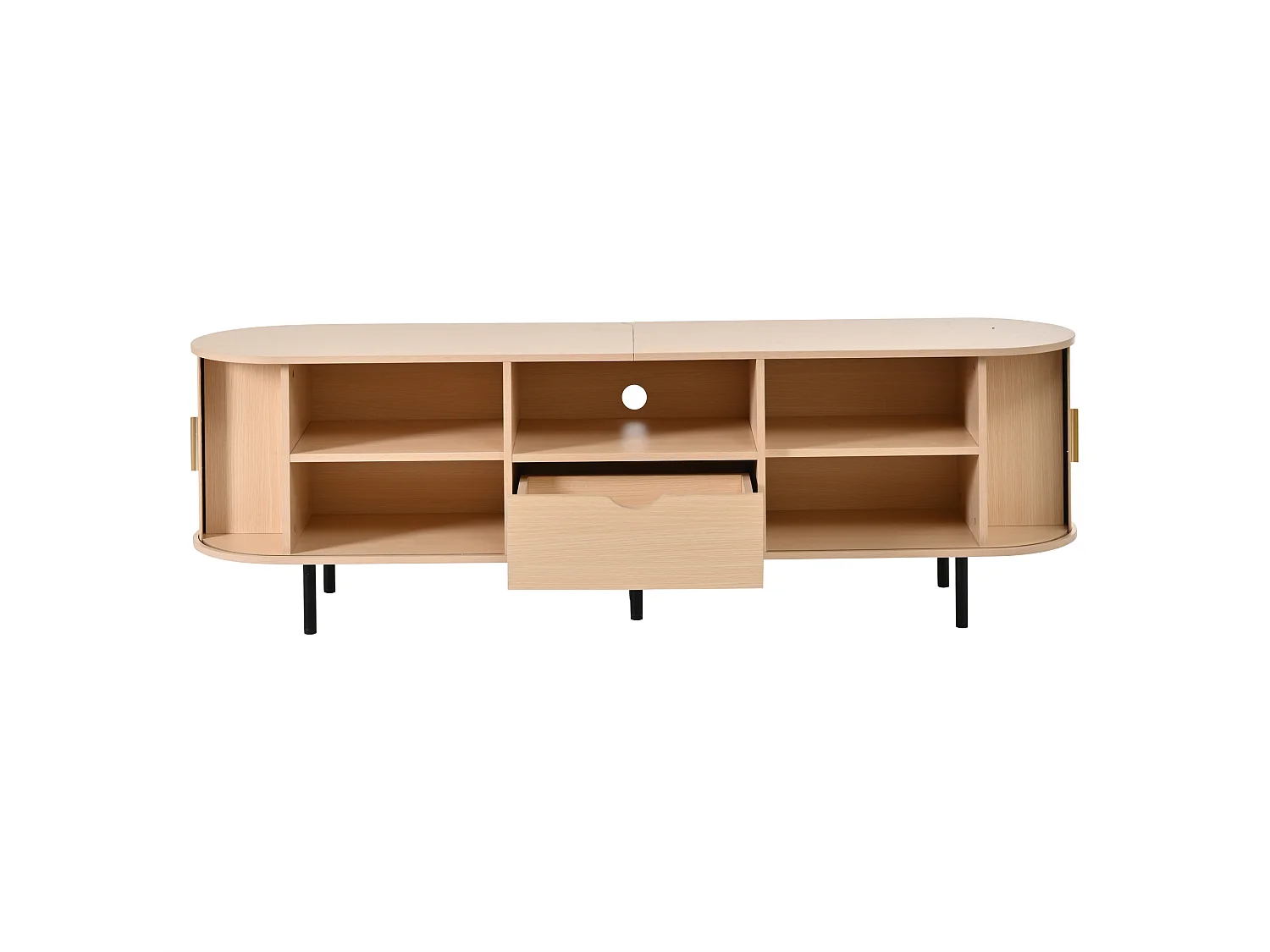 Meuble TV moderne 175x40x55 cm - Angles arrondis - 2 portes coulissantes et 1 tiroir - MDF - Naturel