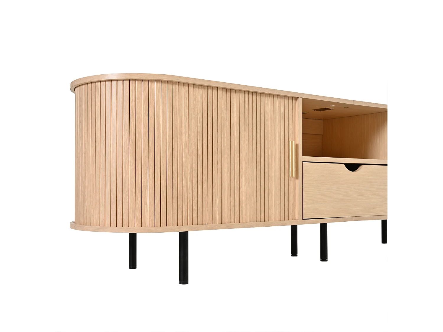 Meuble TV moderne 175x40x55 cm - Angles arrondis - 2 portes coulissantes et 1 tiroir - MDF - Naturel