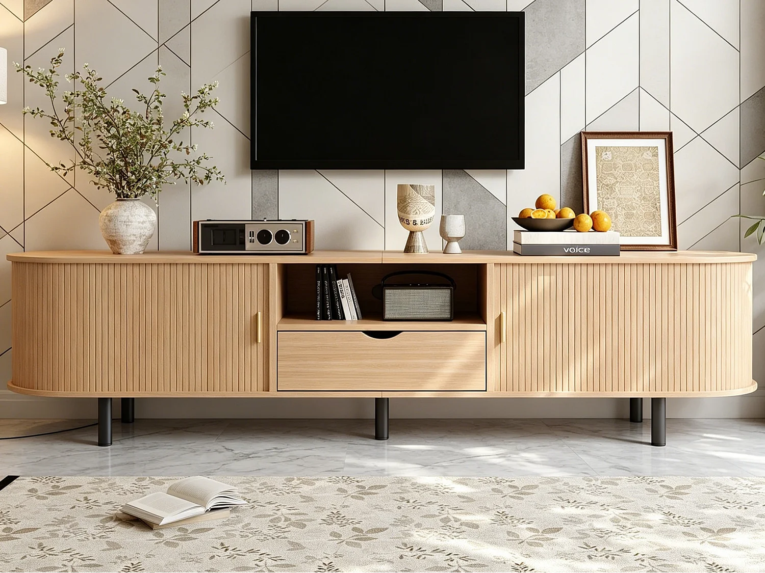 Meuble TV moderne 175x40x55 cm - Angles arrondis - 2 portes coulissantes et 1 tiroir - MDF - Naturel