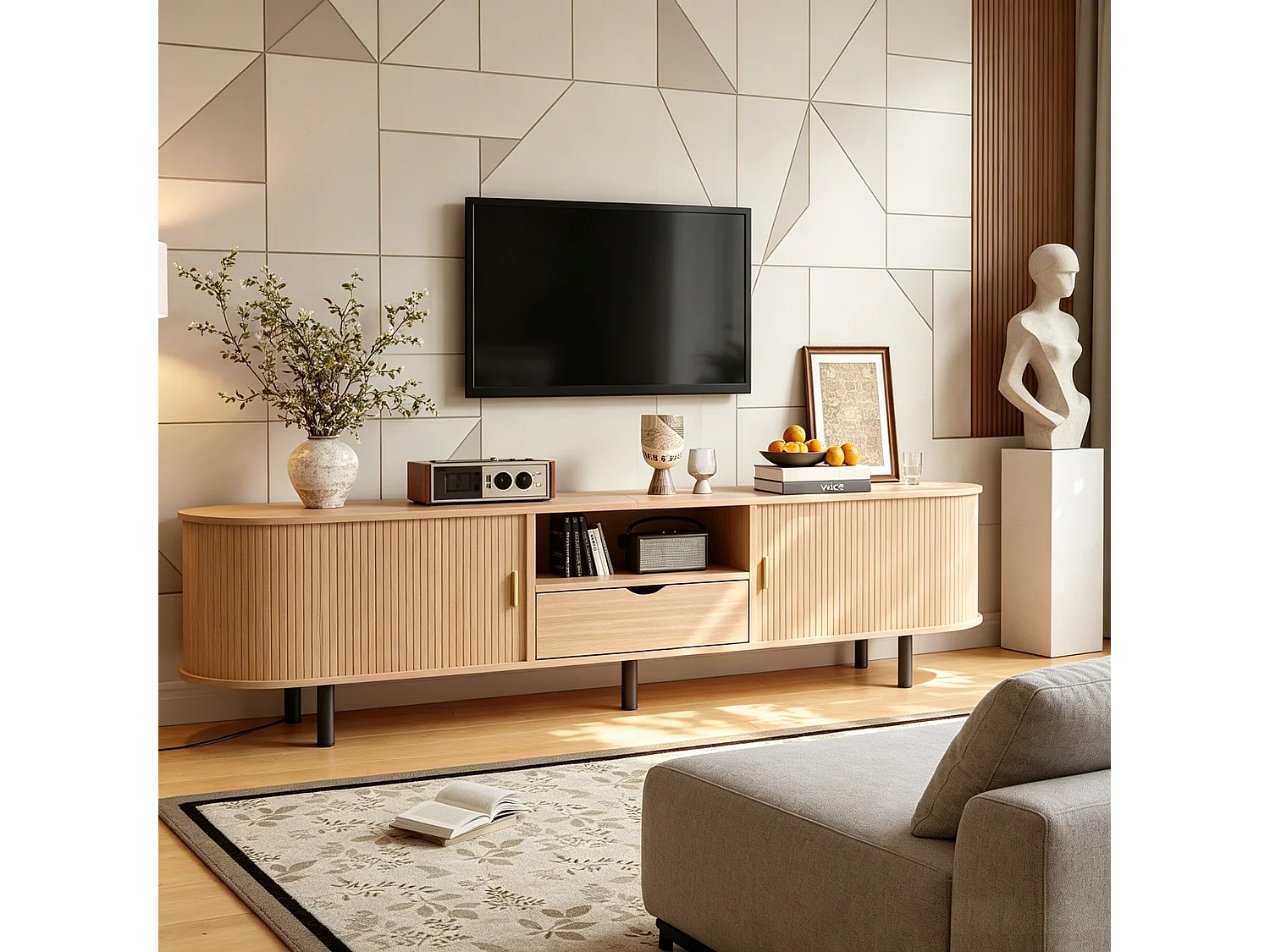 Meuble TV moderne 175x40x55 cm - Angles arrondis - 2 portes coulissantes et 1 tiroir - MDF - Naturel