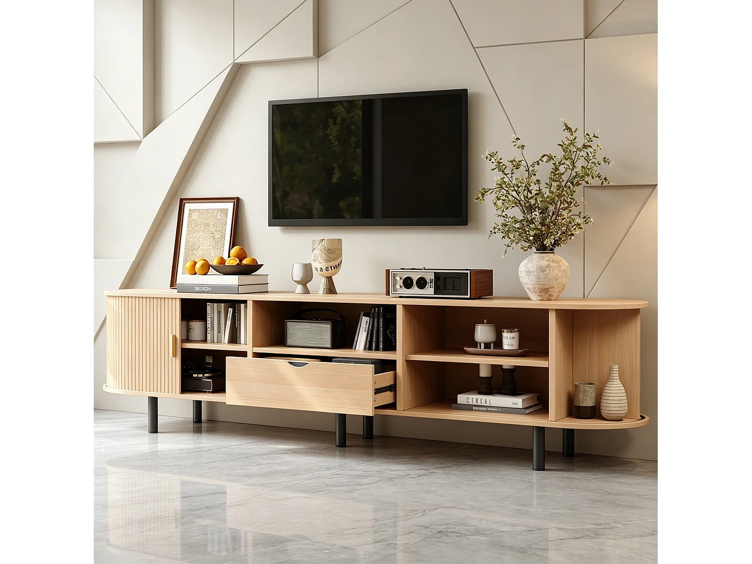Meuble TV moderne 175x40x55 cm - Angles arrondis - 2 portes coulissantes et 1 tiroir - MDF - Naturel
