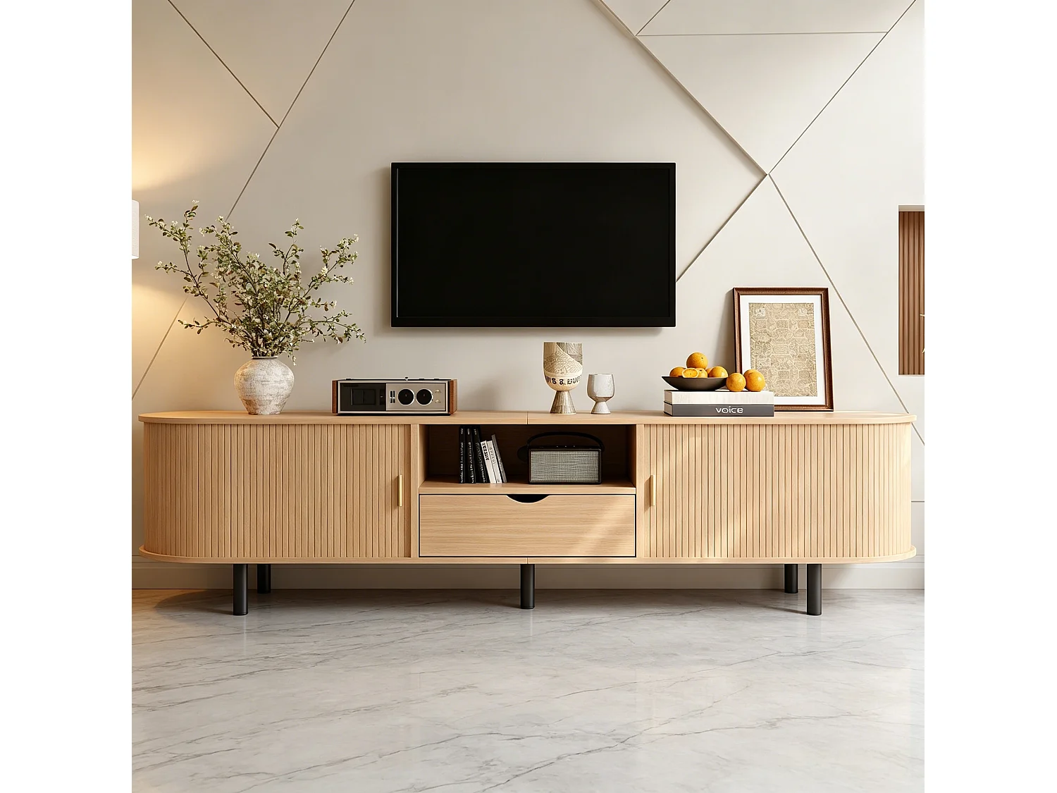 Meuble TV moderne 175x40x55 cm - Angles arrondis - 2 portes coulissantes et 1 tiroir - MDF - Naturel