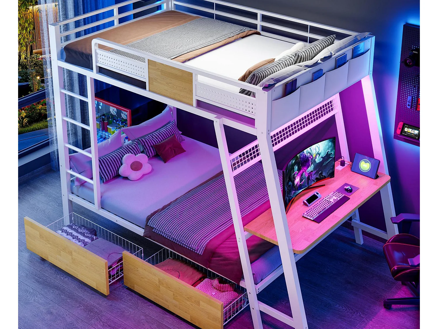 Lit superposé en métal 90x200cm - Avec prise électrique - Avec ports USB et Type-C - Avec éclairage LED - Avec 2 paniers de rangement - blanc