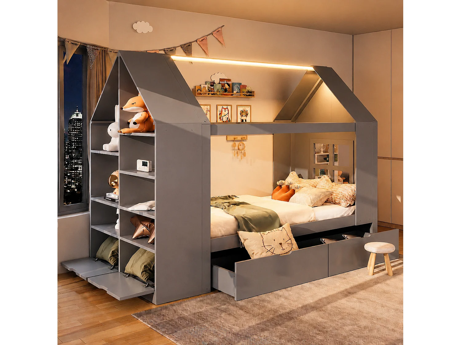 Lit enfant 90x200cm - Design style maison - Avec 2 tiroirs - Avec lumière LED - Gris (matelas non inclus)