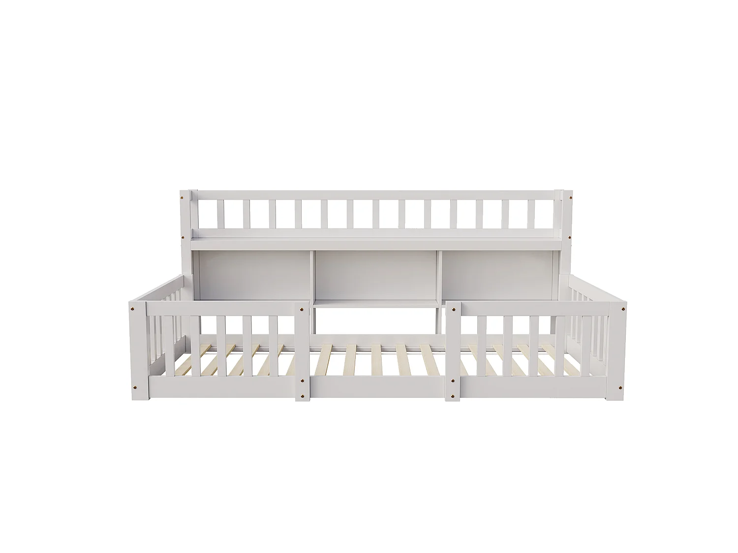 Lit Enfant 90x200 cm avec Bibliothèque, Lit au Sol avec Barrière de Sécurité et Sommier à Lattes, Cadre de Lit Montessori au Sol en Bois Massif, Blanc
