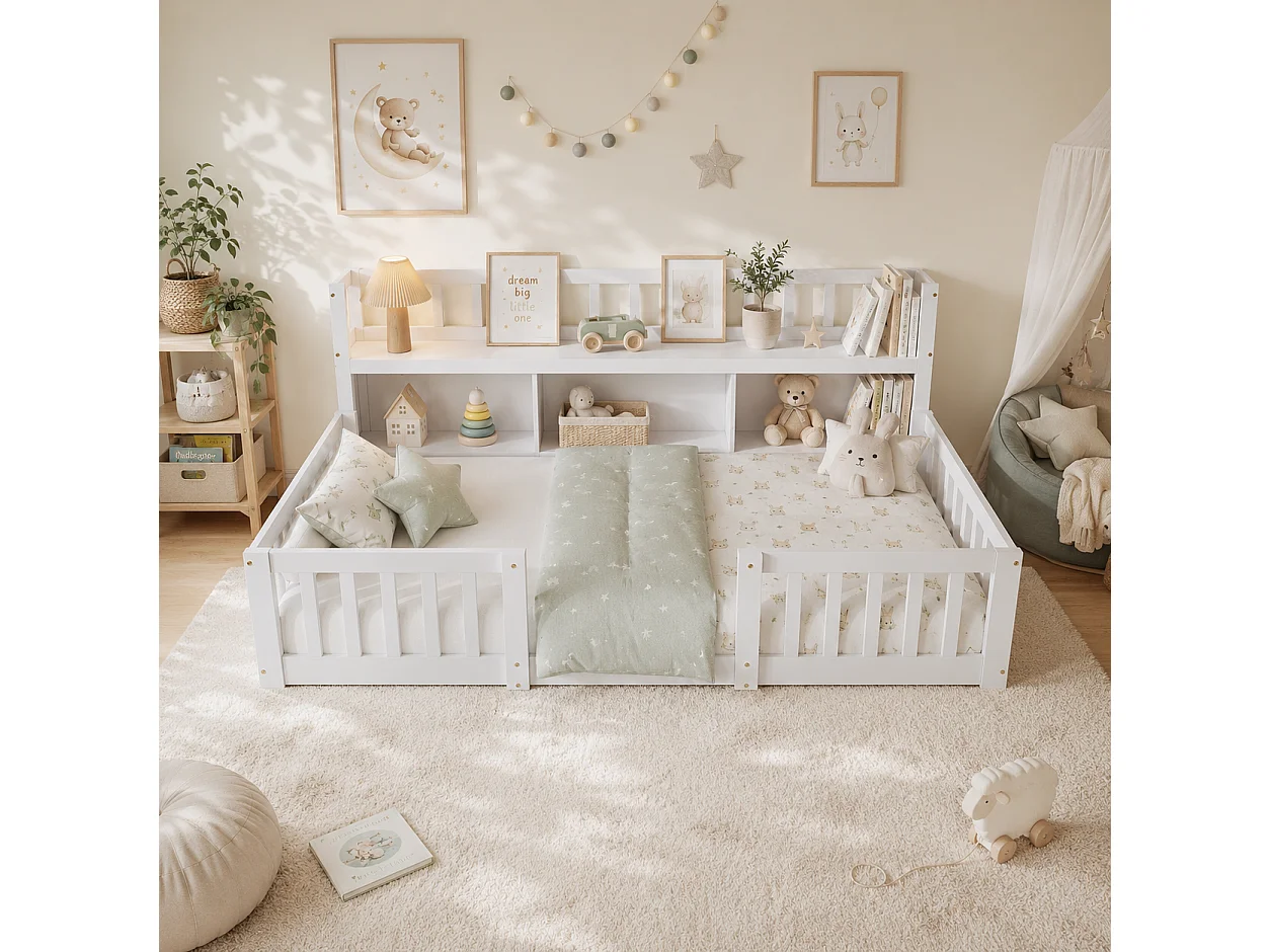 Lit Enfant 90x200 cm avec Bibliothèque, Lit au Sol avec Barrière de Sécurité et Sommier à Lattes, Cadre de Lit Montessori au Sol en Bois Massif, Blanc