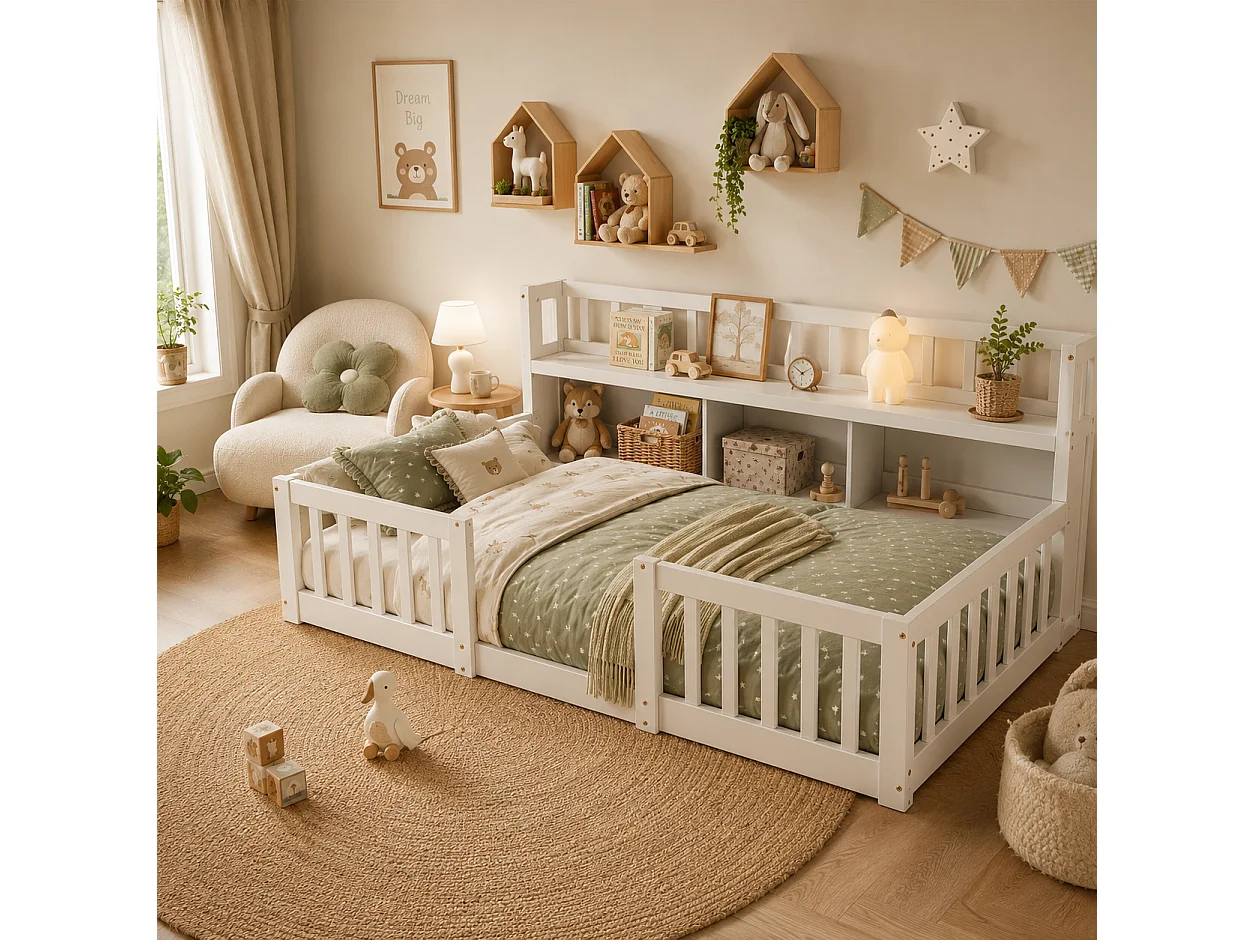 Lit Enfant 90x200 cm avec Bibliothèque, Lit au Sol avec Barrière de Sécurité et Sommier à Lattes, Cadre de Lit Montessori au Sol en Bois Massif, Blanc