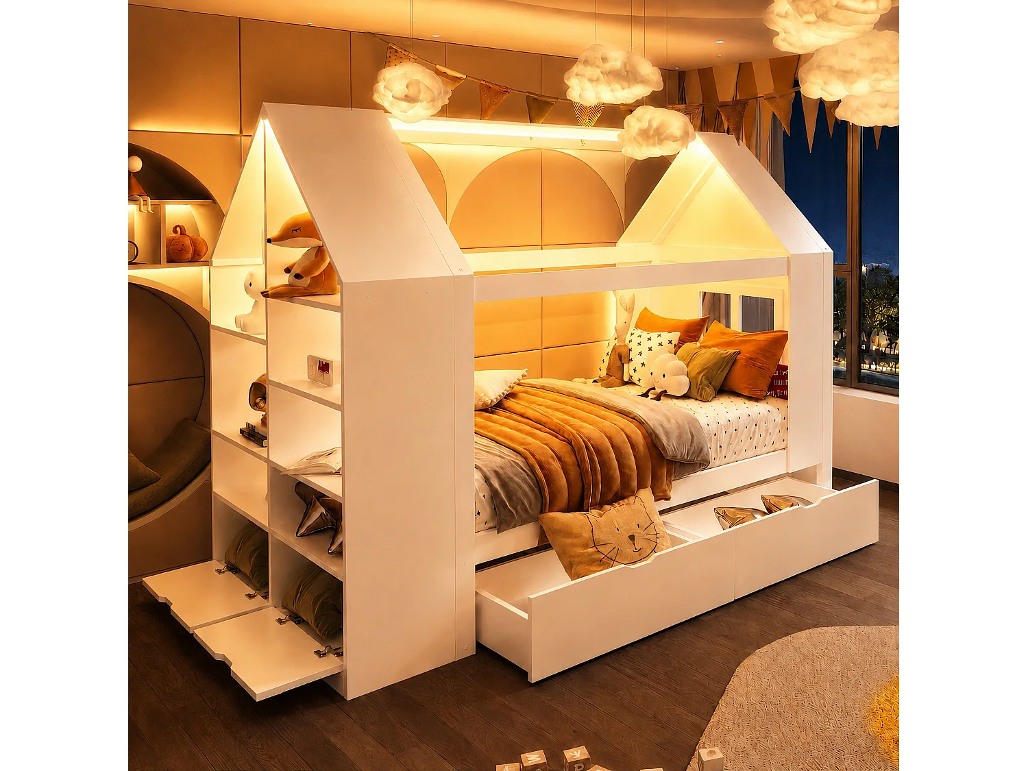 Lit enfant 90x200cm - Design style maison - Avec 2 tiroirs - Avec lumière LED - blanc (matelas non inclus)
