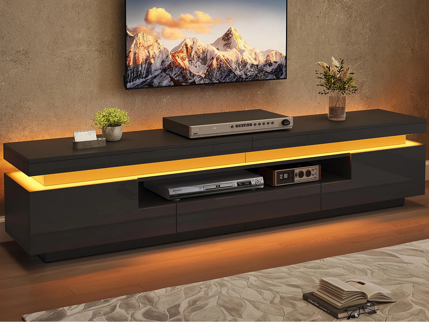 Hochglanz-lackiertes TV-Möbel 175x38x45 cm - LED-Beleuchtung - 2 Türen und 1 Schublade - halb-offener Stauraum - Spanplatte - schwarz
