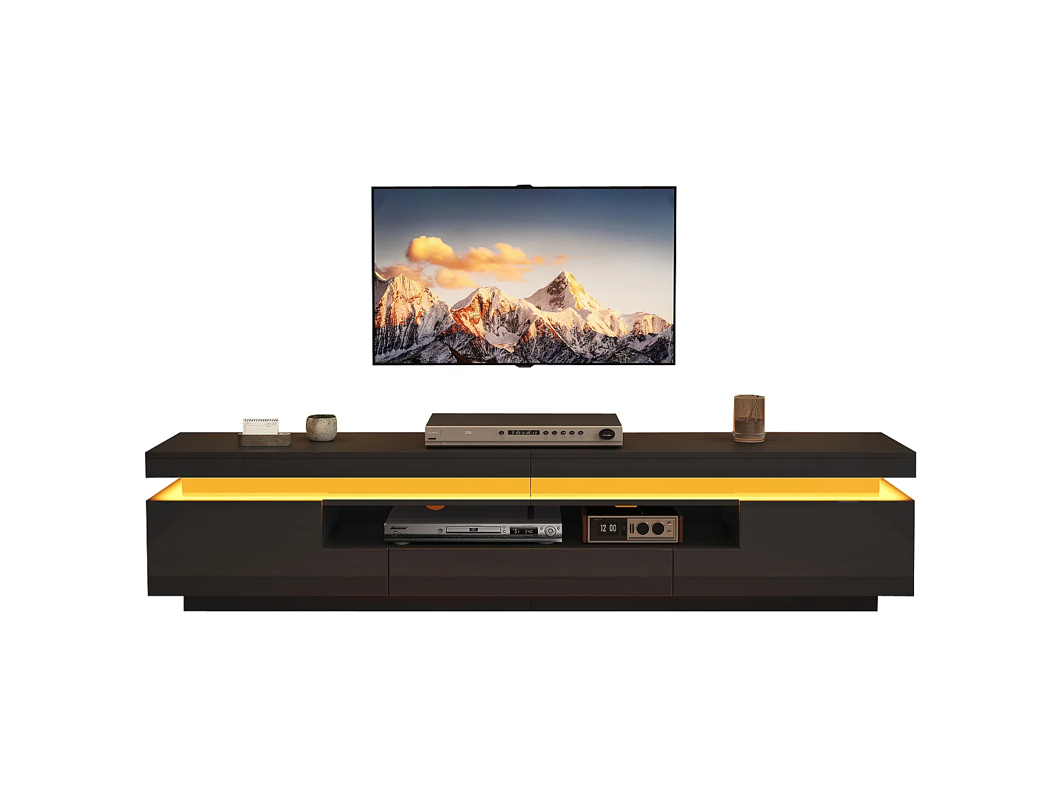 Hochglanz-lackiertes TV-Möbel 175x38x45 cm - LED-Beleuchtung - 2 Türen und 1 Schublade - halb-offener Stauraum - Spanplatte - schwarz