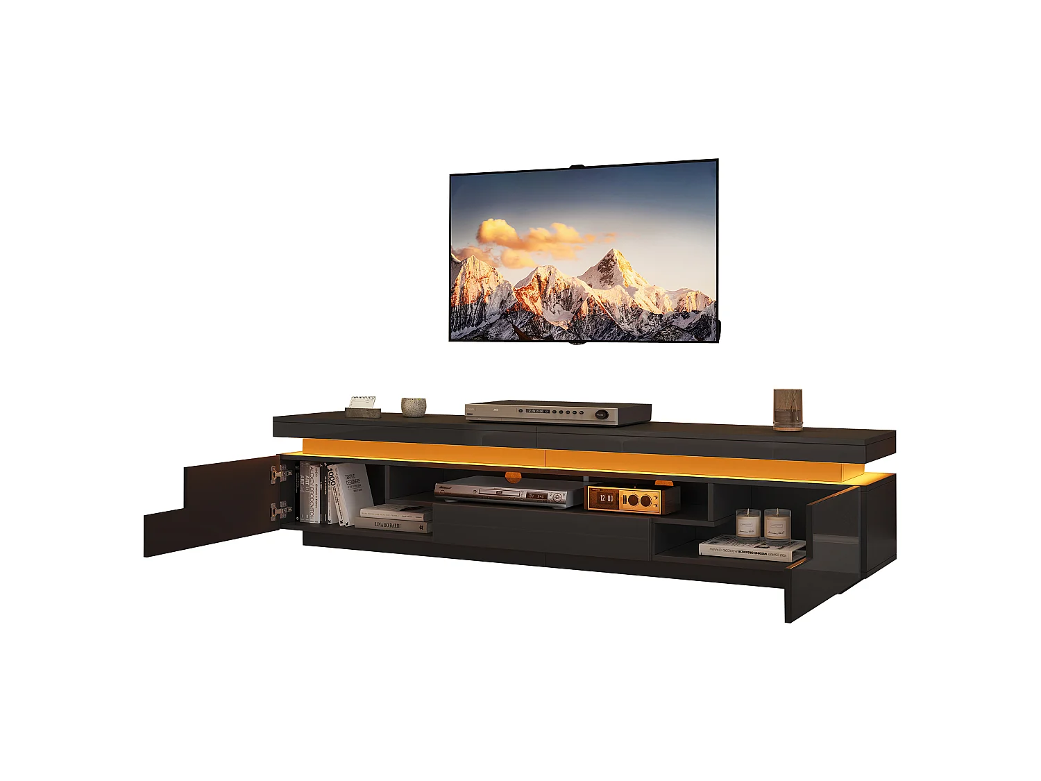 Hochglanz-lackiertes TV-Möbel 175x38x45 cm - LED-Beleuchtung - 2 Türen und 1 Schublade - halb-offener Stauraum - Spanplatte - schwarz