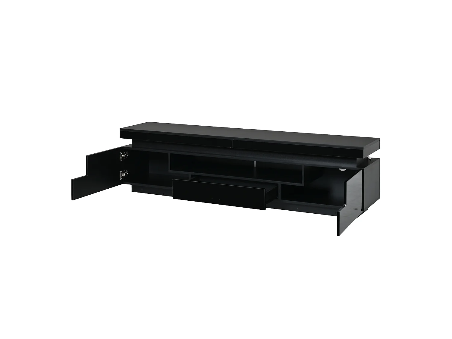 Hochglanz-lackiertes TV-Möbel 175x38x45 cm - LED-Beleuchtung - 2 Türen und 1 Schublade - halb-offener Stauraum - Spanplatte - schwarz
