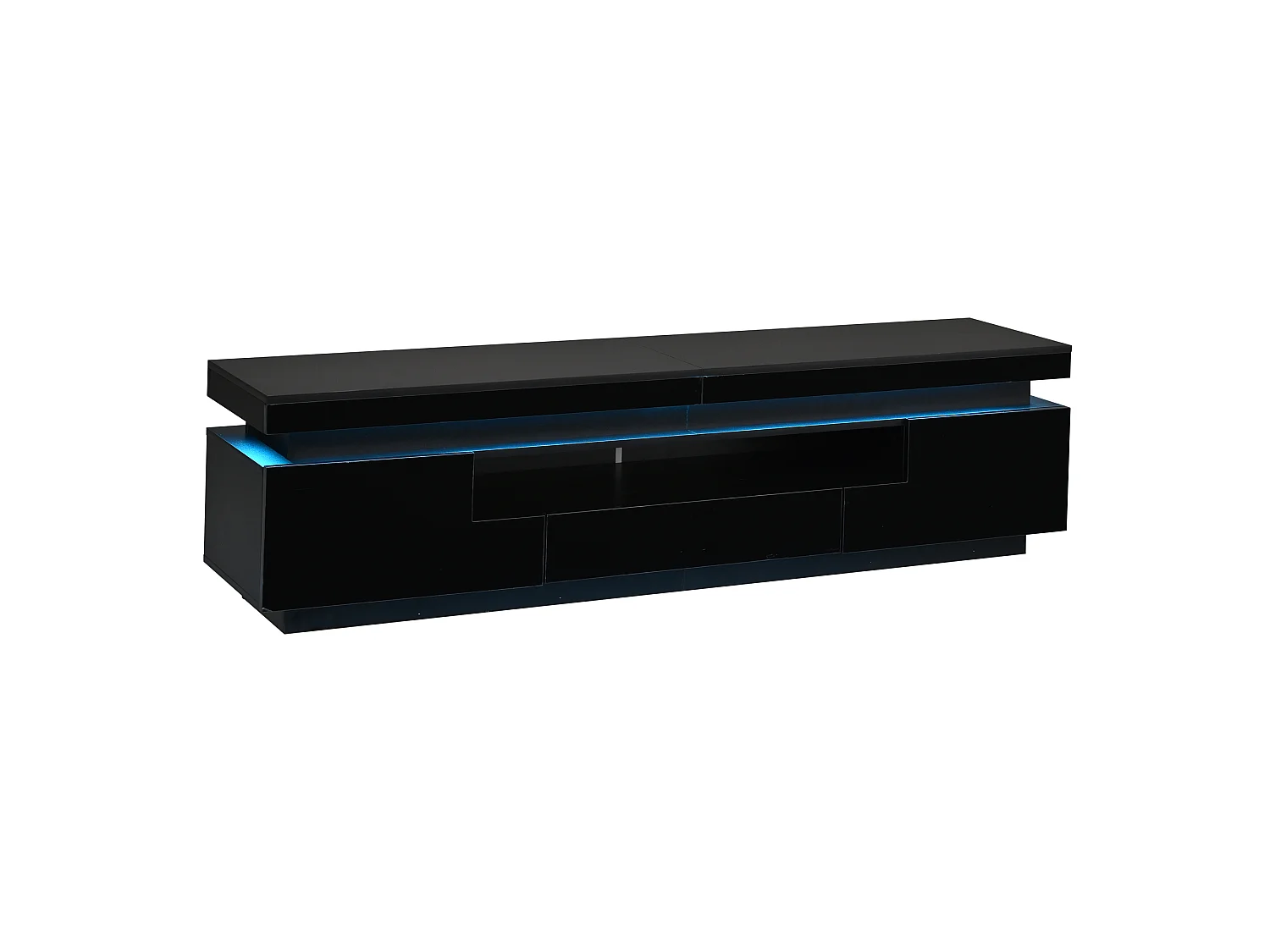 Hochglanz-lackiertes TV-Möbel 175x38x45 cm - LED-Beleuchtung - 2 Türen und 1 Schublade - halb-offener Stauraum - Spanplatte - schwarz