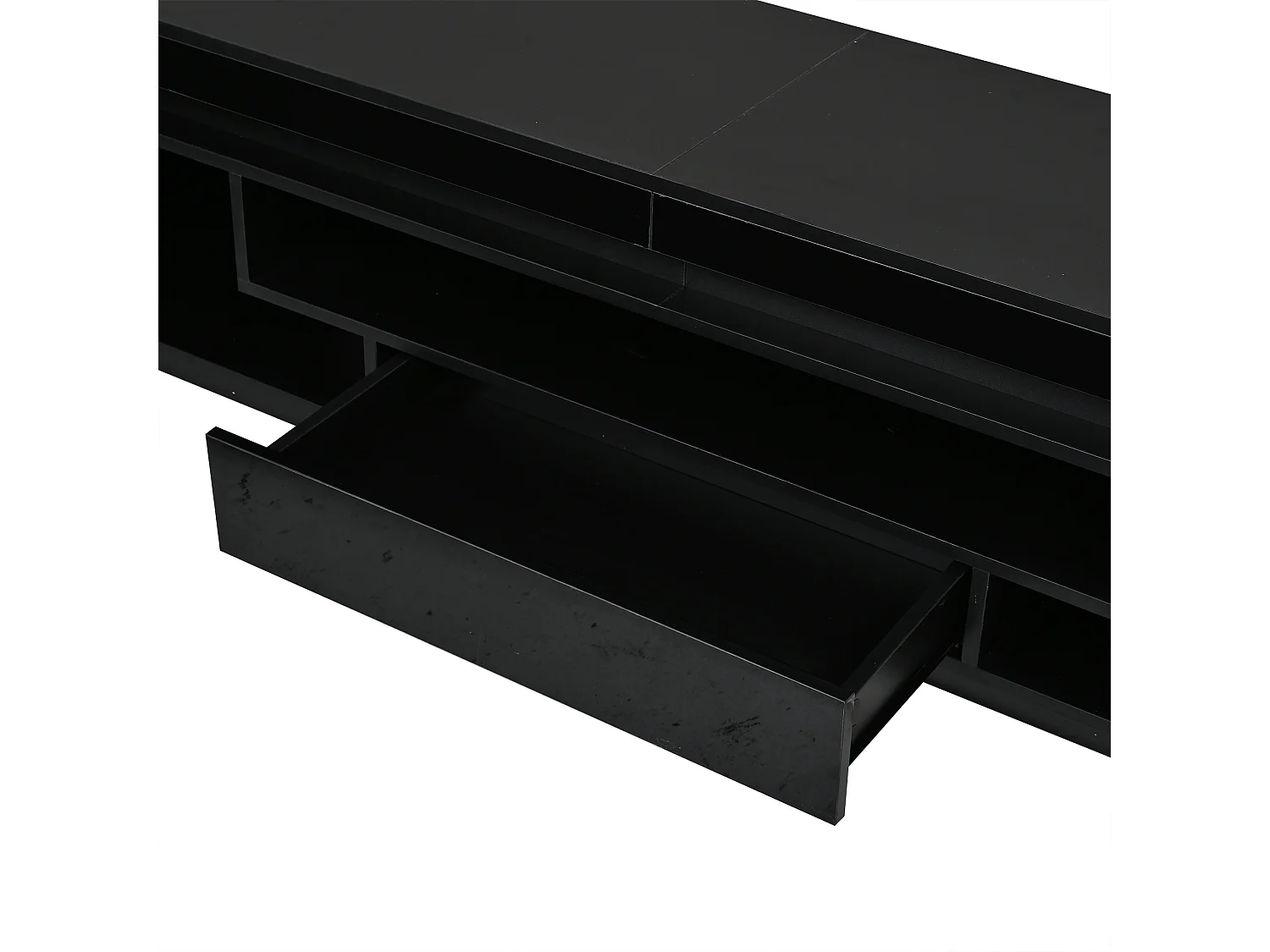 Hochglanz-lackiertes TV-Möbel 175x38x45 cm - LED-Beleuchtung - 2 Türen und 1 Schublade - halb-offener Stauraum - Spanplatte - schwarz