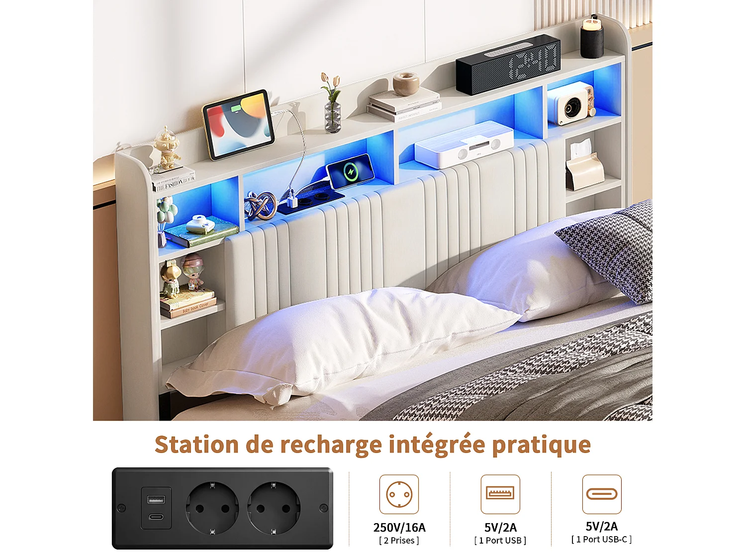Lit Coffre 160x200 cm, Lit Double avec Éclairage LED et USB, Lit Adulte avec Rangement et Tete de Lit, pour Adolescents, Lin, sans Matelas, Beige
