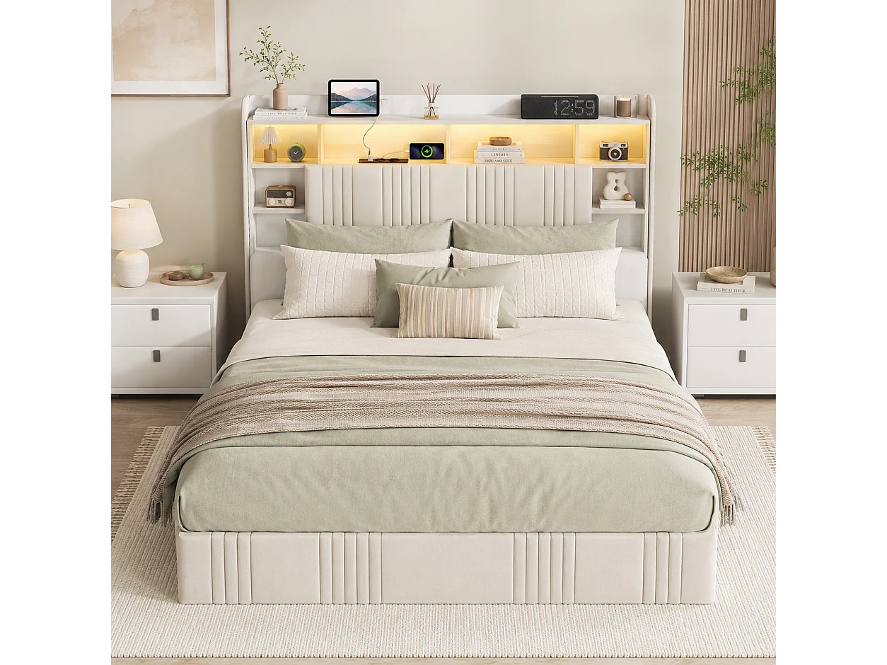 Lit Coffre 160x200 cm, Lit Double avec Éclairage LED et USB, Lit Adulte avec Rangement et Tete de Lit, pour Adolescents, Lin, sans Matelas, Beige