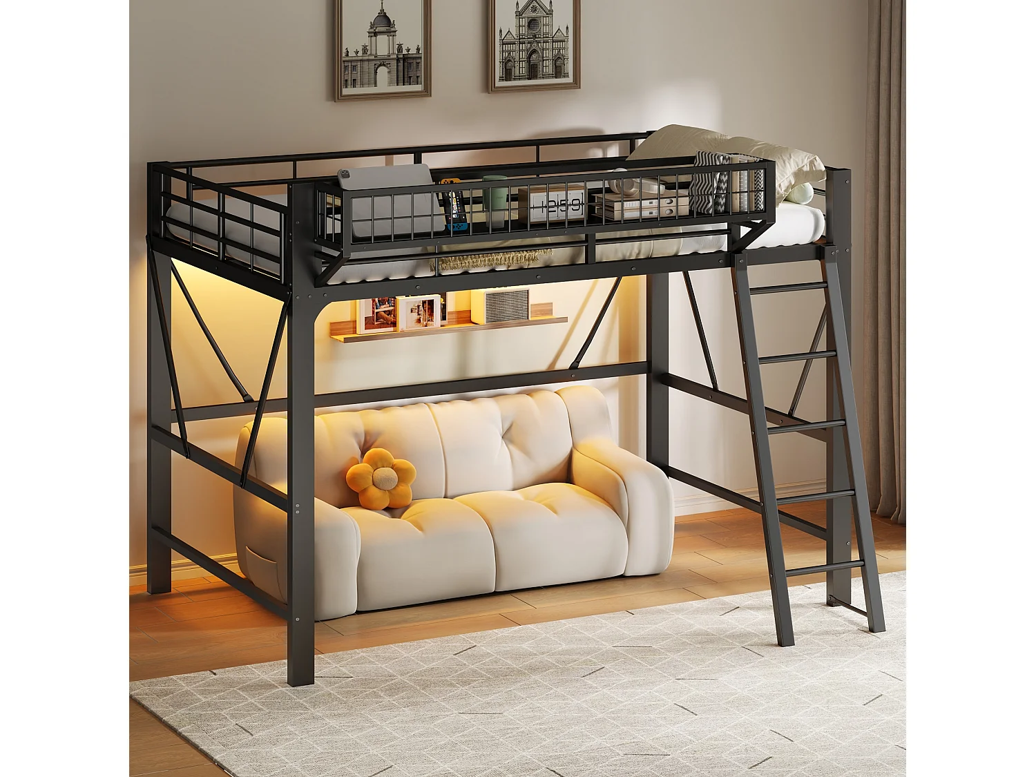 Lit mezzanine en métal 140x200 cm - avec panier de rangement - avec LED - avec barrière de sécurité - Noir (Matelas non inclus)