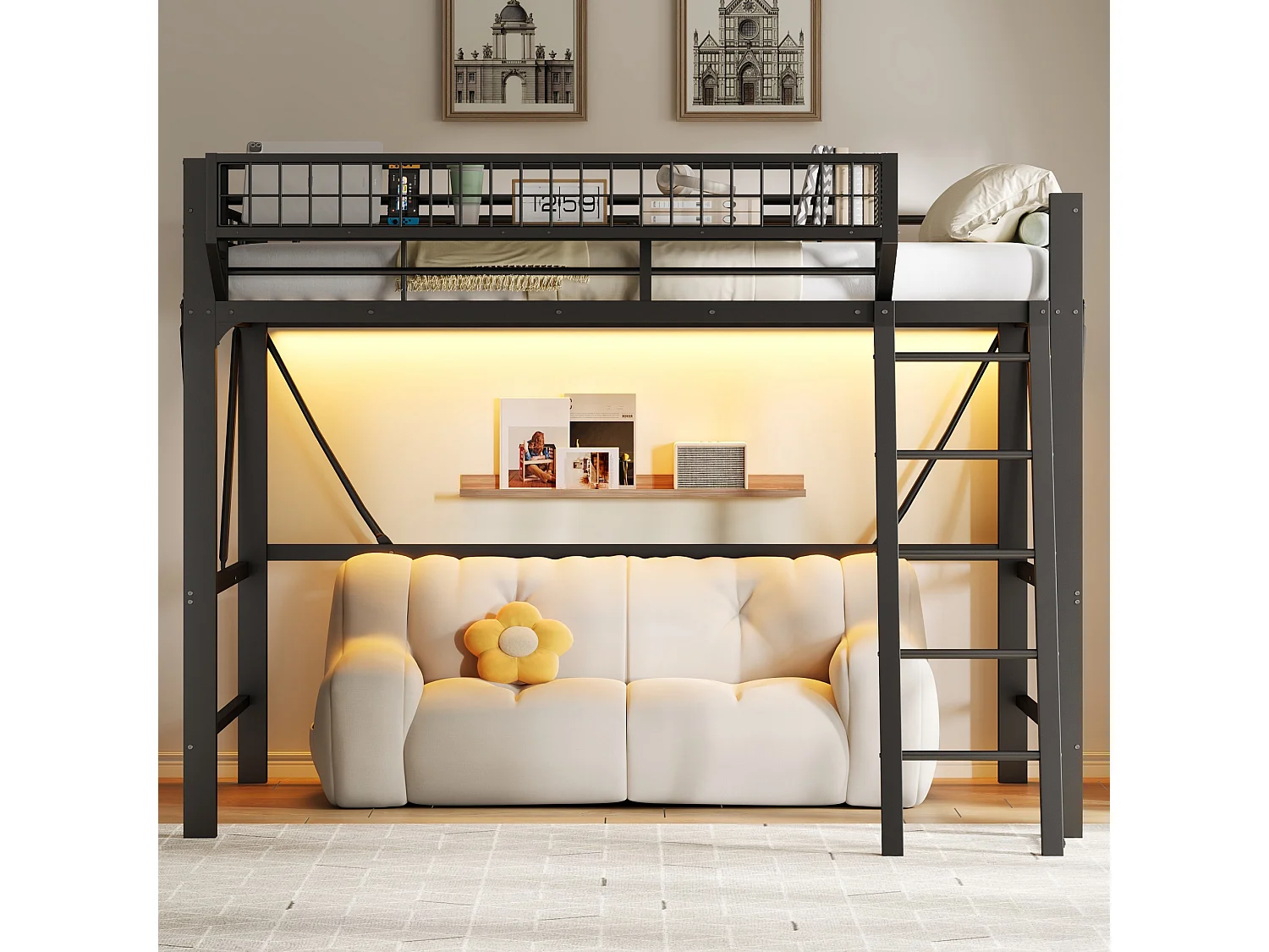 Lit mezzanine en métal 140x200 cm - avec panier de rangement - avec LED - avec barrière de sécurité - Noir (Matelas non inclus)