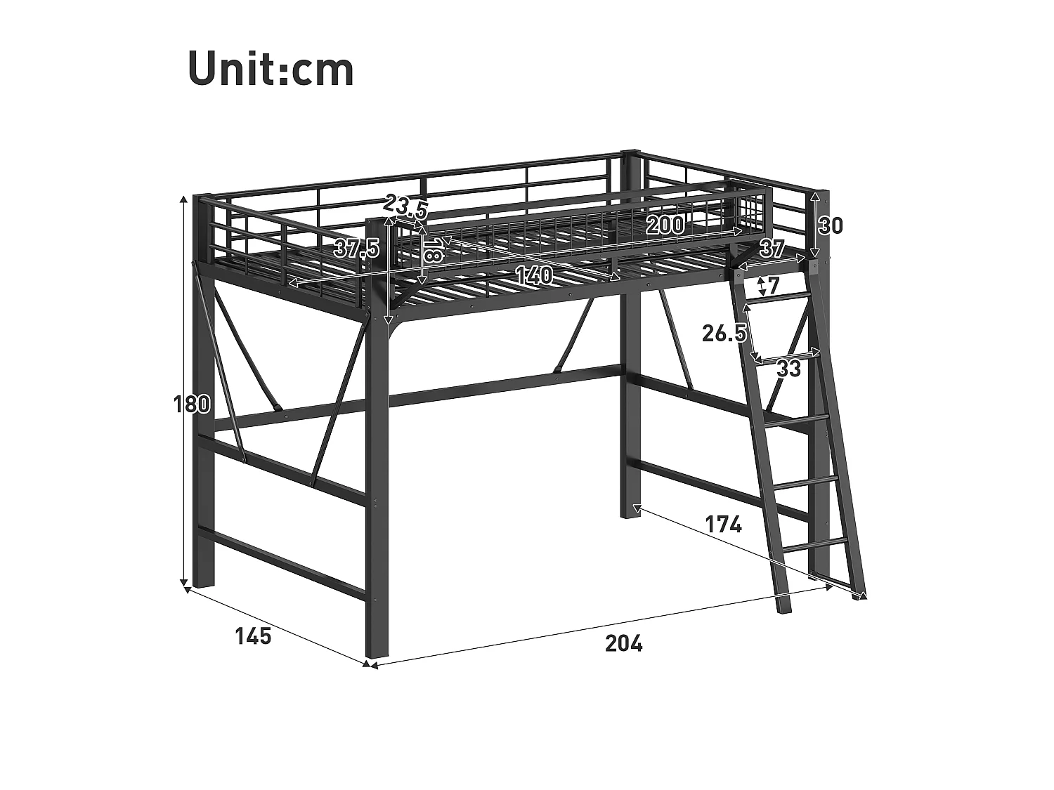 Lit mezzanine en métal 140x200 cm - avec panier de rangement - avec LED - avec barrière de sécurité - Noir (Matelas non inclus)
