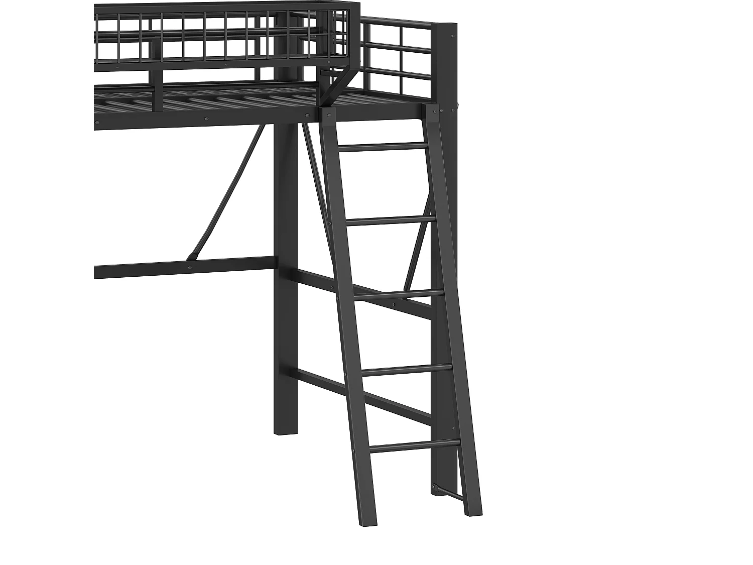 Lit mezzanine en métal 140x200 cm - avec panier de rangement - avec LED - avec barrière de sécurité - Noir (Matelas non inclus)