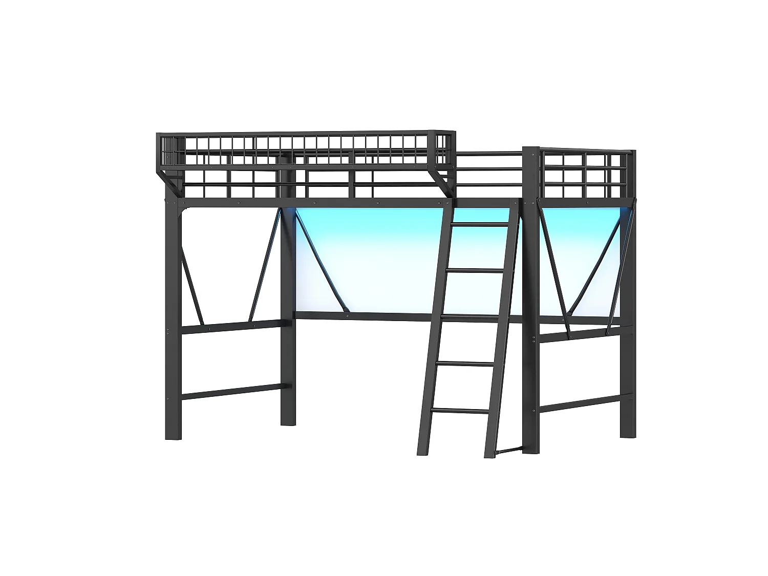 Lit mezzanine en métal 140x200 cm - avec panier de rangement - avec LED - avec barrière de sécurité - Noir (Matelas non inclus)