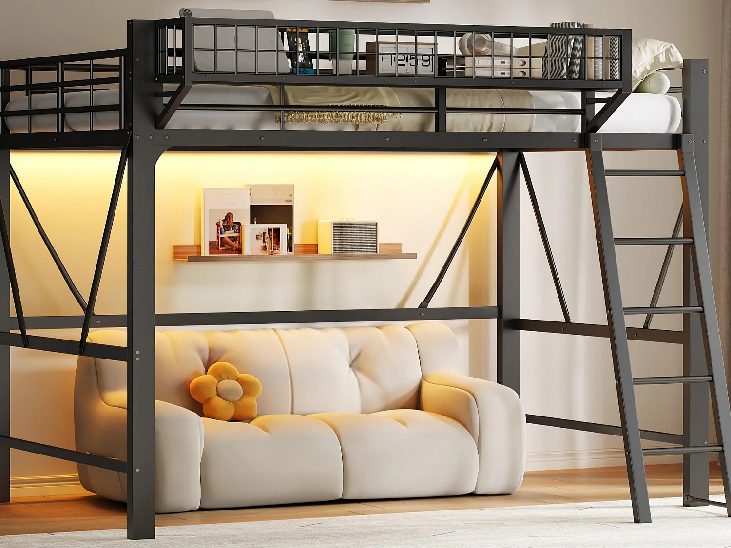 Lit mezzanine en métal 140x200 cm - avec panier de rangement - avec LED - avec barrière de sécurité - Noir (Matelas non inclus)