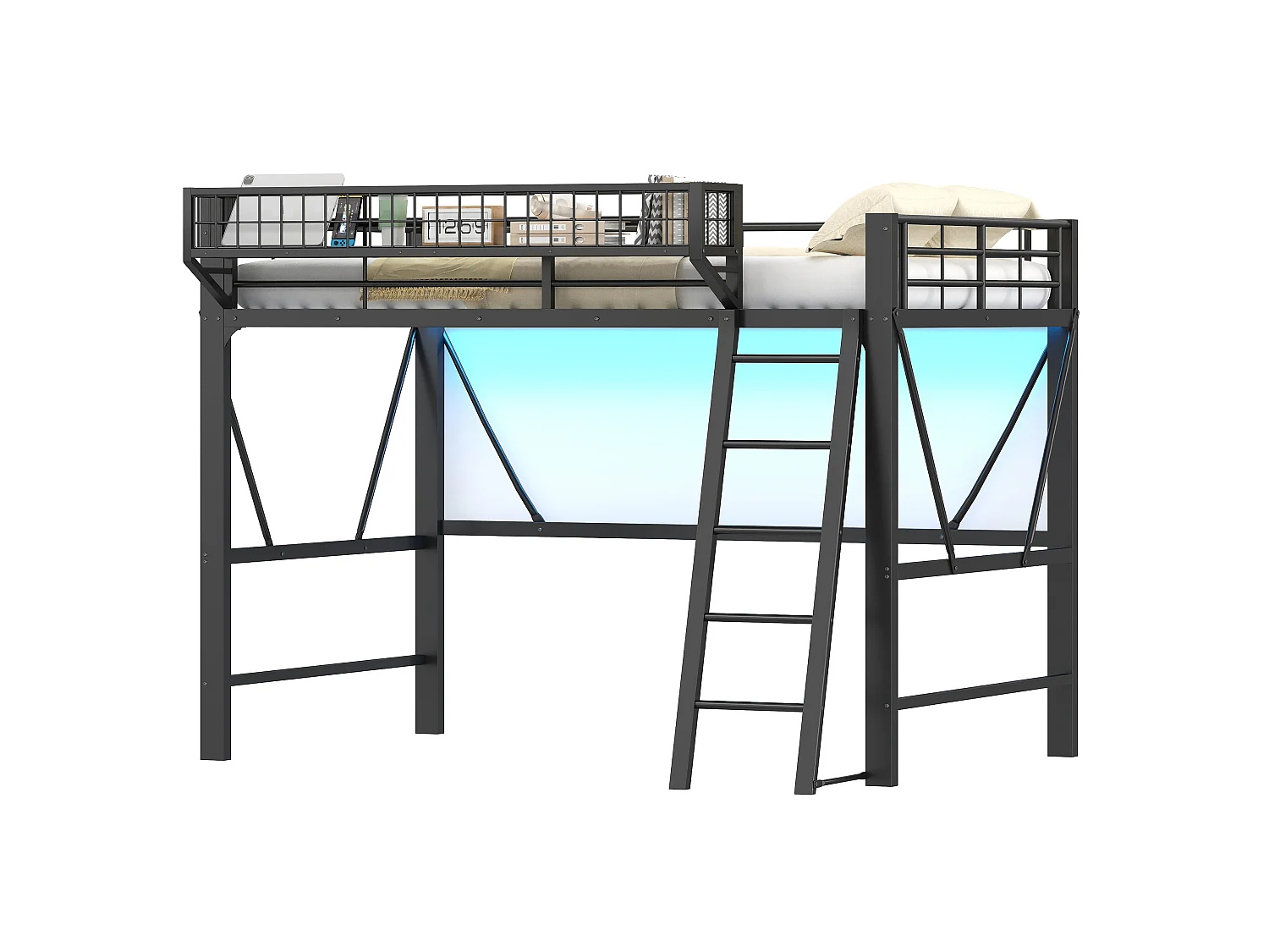 Lit mezzanine en métal 140x200 cm - avec panier de rangement - avec LED - avec barrière de sécurité - Noir (Matelas non inclus)