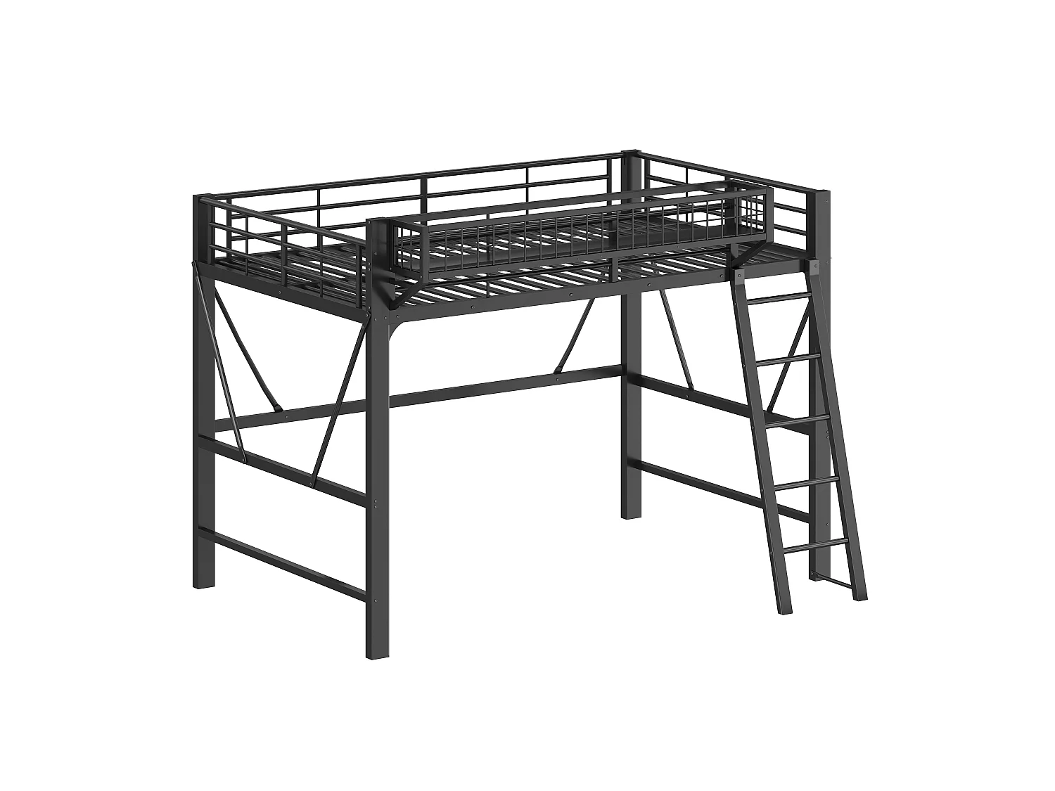 Lit mezzanine en métal 140x200 cm - avec panier de rangement - avec LED - avec barrière de sécurité - Noir (Matelas non inclus)