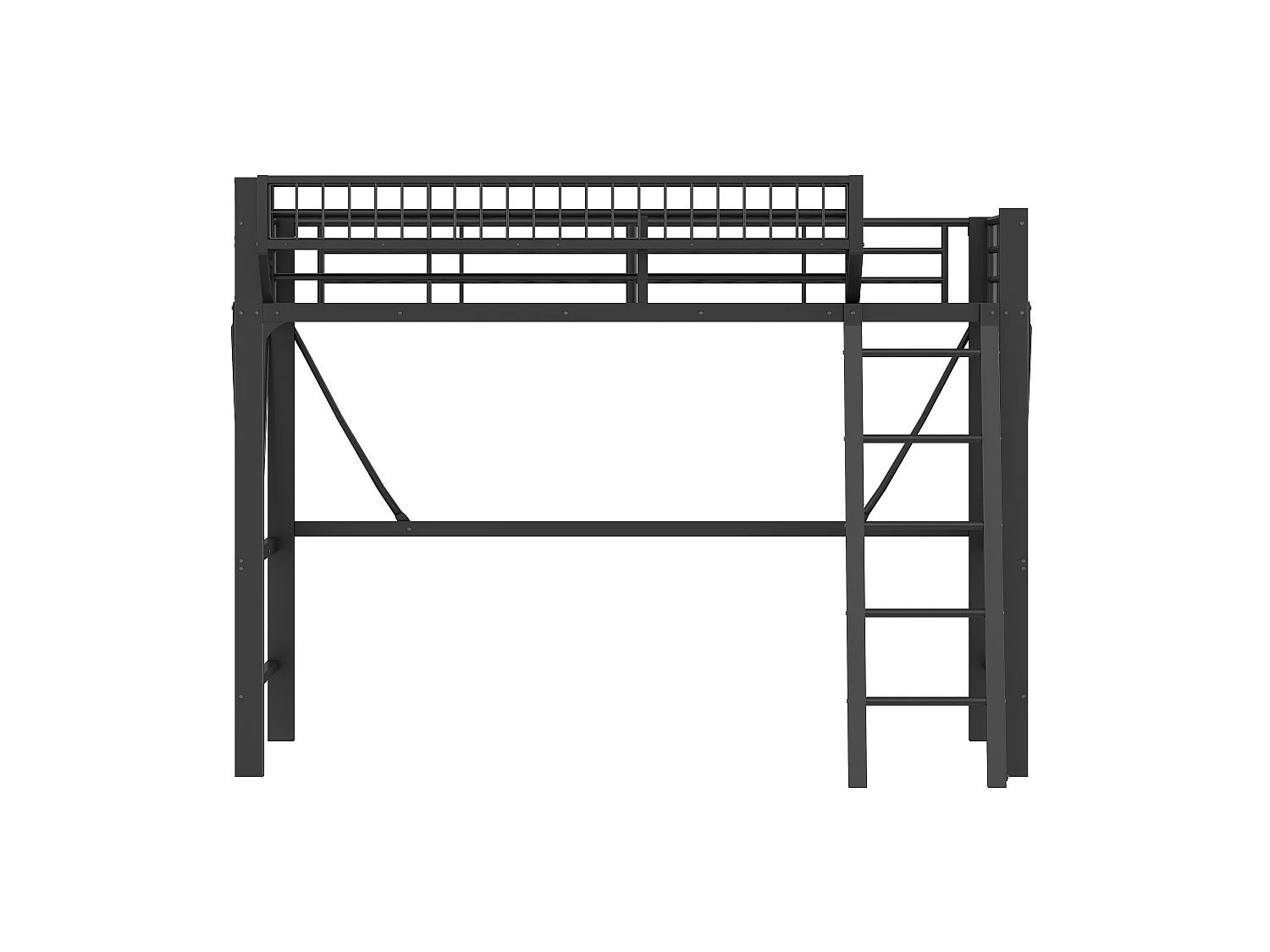 Lit mezzanine en métal 140x200 cm - avec panier de rangement - avec LED - avec barrière de sécurité - Noir (Matelas non inclus)
