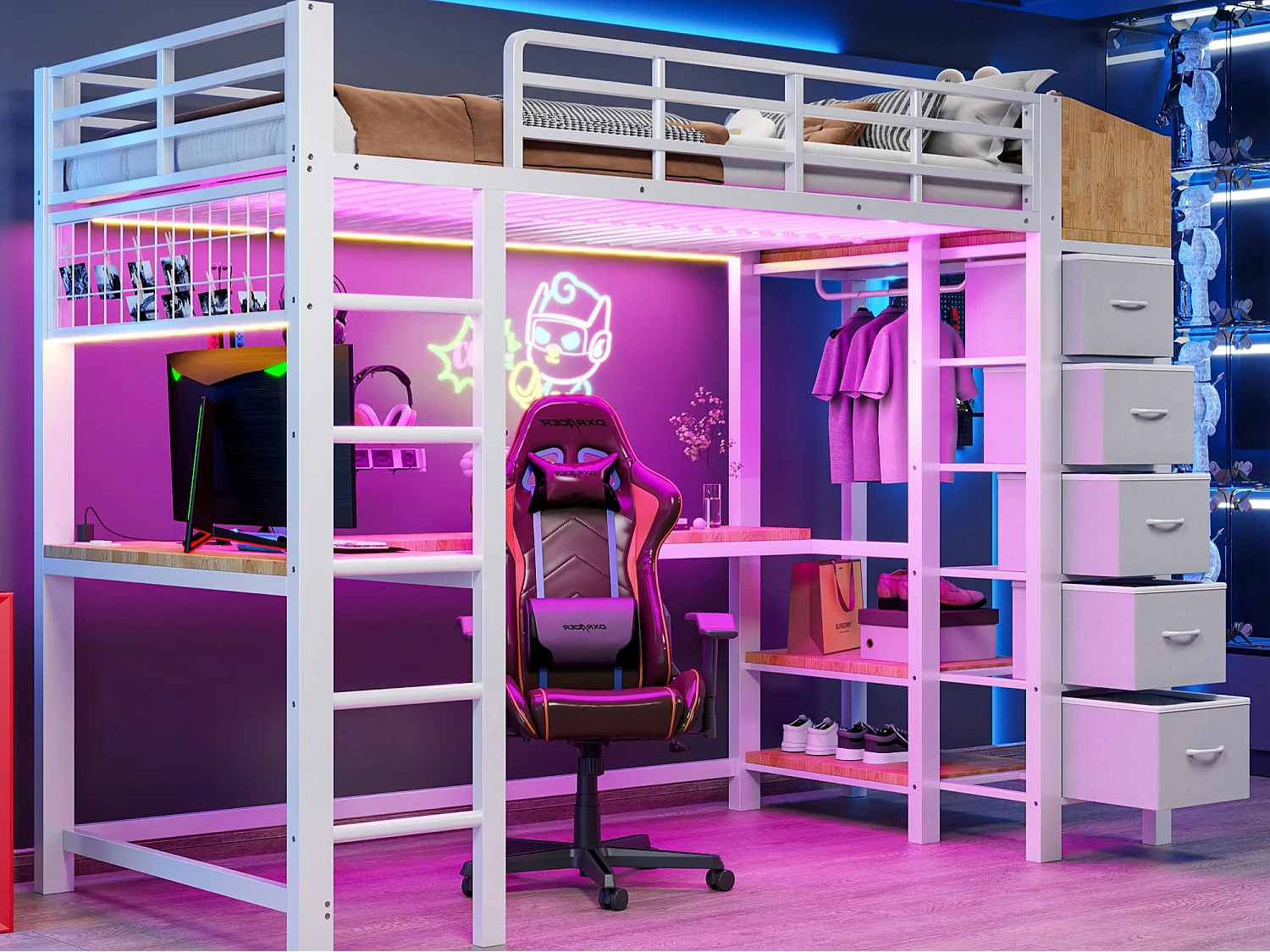 Lit mezzanine en métal 90×200cm - avec prise électrique - avec ports USB et Type-C - avec éclairage LED - avec 5 tiroirs en tissu - blanc