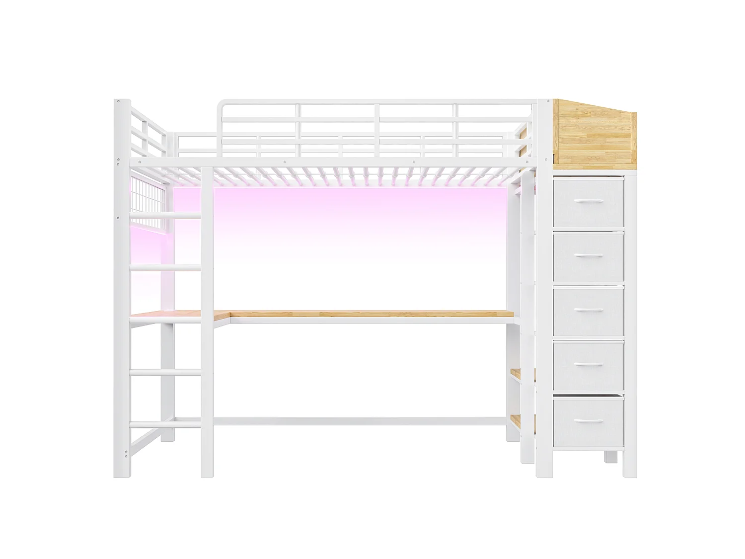 Lit mezzanine en métal 90×200cm - avec prise électrique - avec ports USB et Type-C - avec éclairage LED - avec 5 tiroirs en tissu - blanc