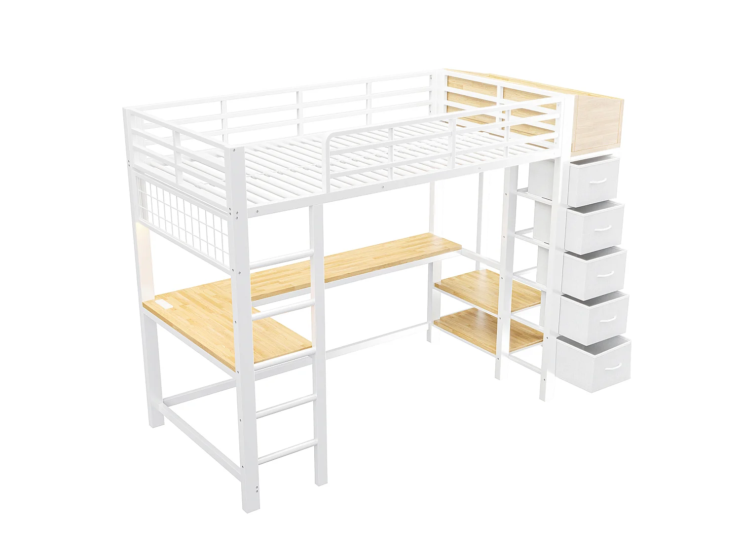 Lit mezzanine en métal 90×200cm - avec prise électrique - avec ports USB et Type-C - avec éclairage LED - avec 5 tiroirs en tissu - blanc