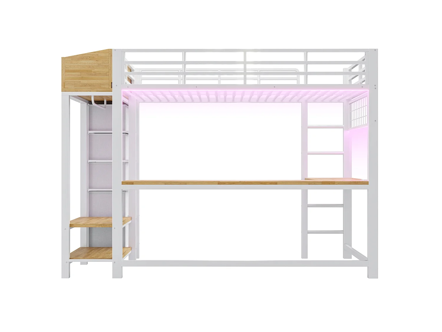 Lit mezzanine en métal 90×200cm - avec prise électrique - avec ports USB et Type-C - avec éclairage LED - avec 5 tiroirs en tissu - blanc