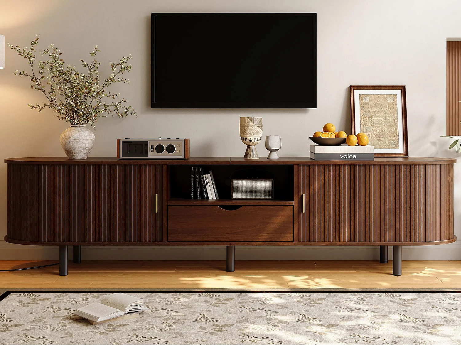 Meuble TV moderne 175x40x55 cm - Angles arrondis - 2 portes coulissantes et 1 tiroir - MDF - Finition noyer - Marron