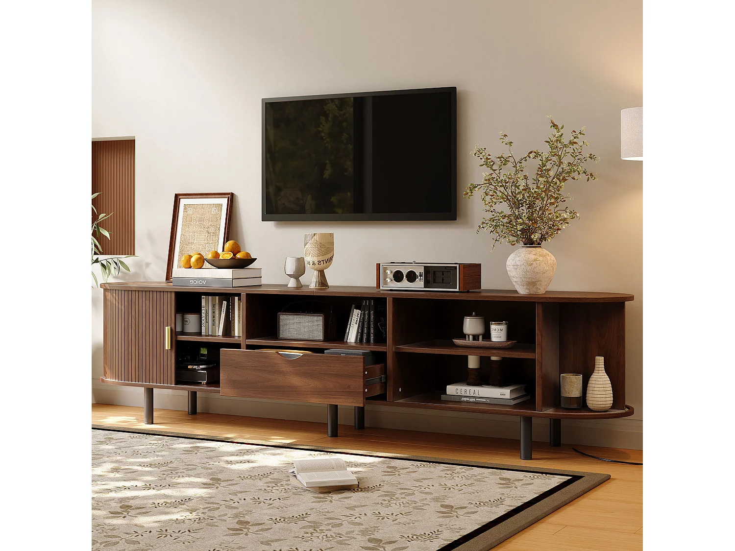 Meuble TV moderne 175x40x55 cm - Angles arrondis - 2 portes coulissantes et 1 tiroir - MDF - Finition noyer - Marron