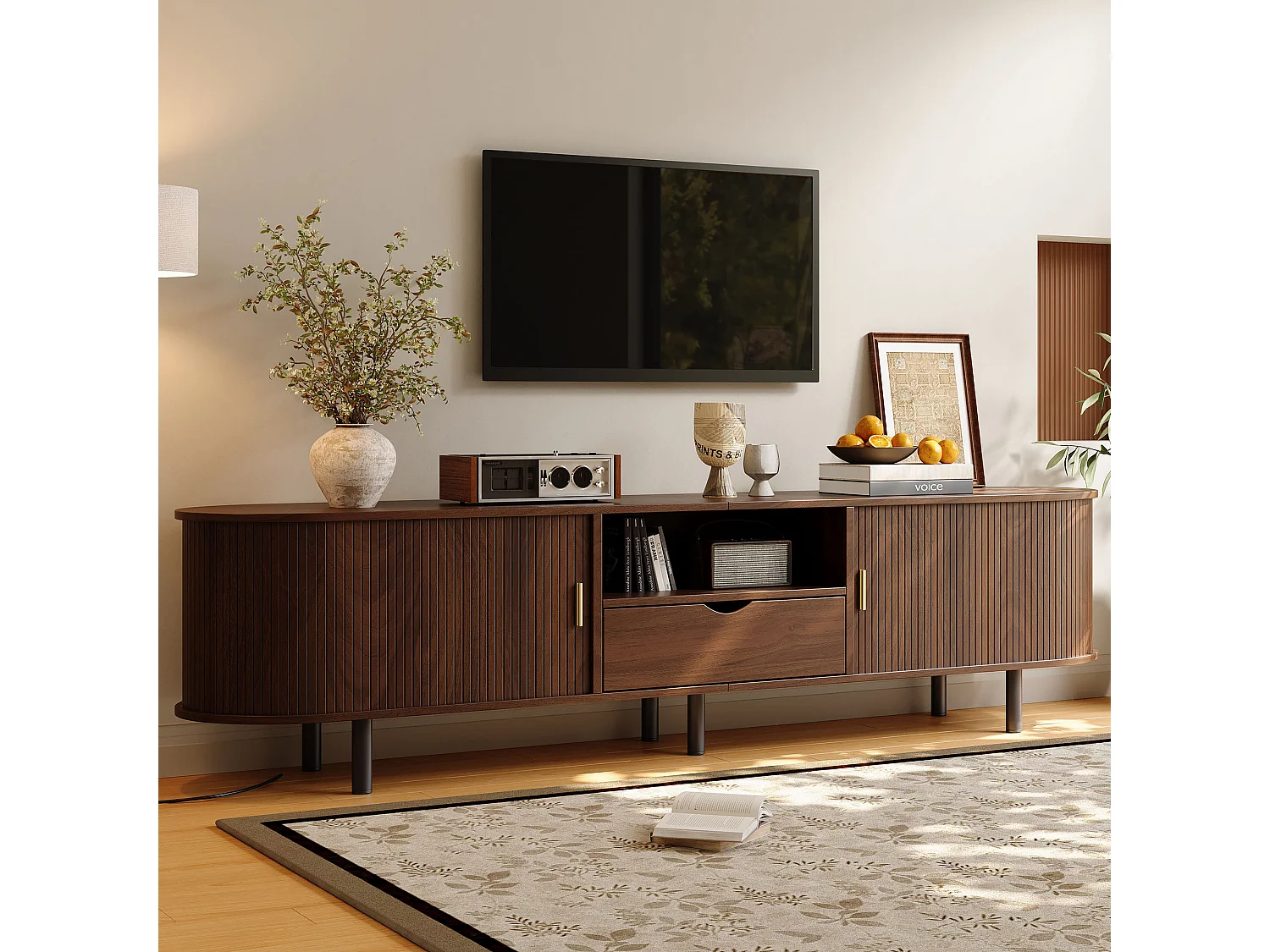 Meuble TV moderne 175x40x55 cm - Angles arrondis - 2 portes coulissantes et 1 tiroir - MDF - Finition noyer - Marron
