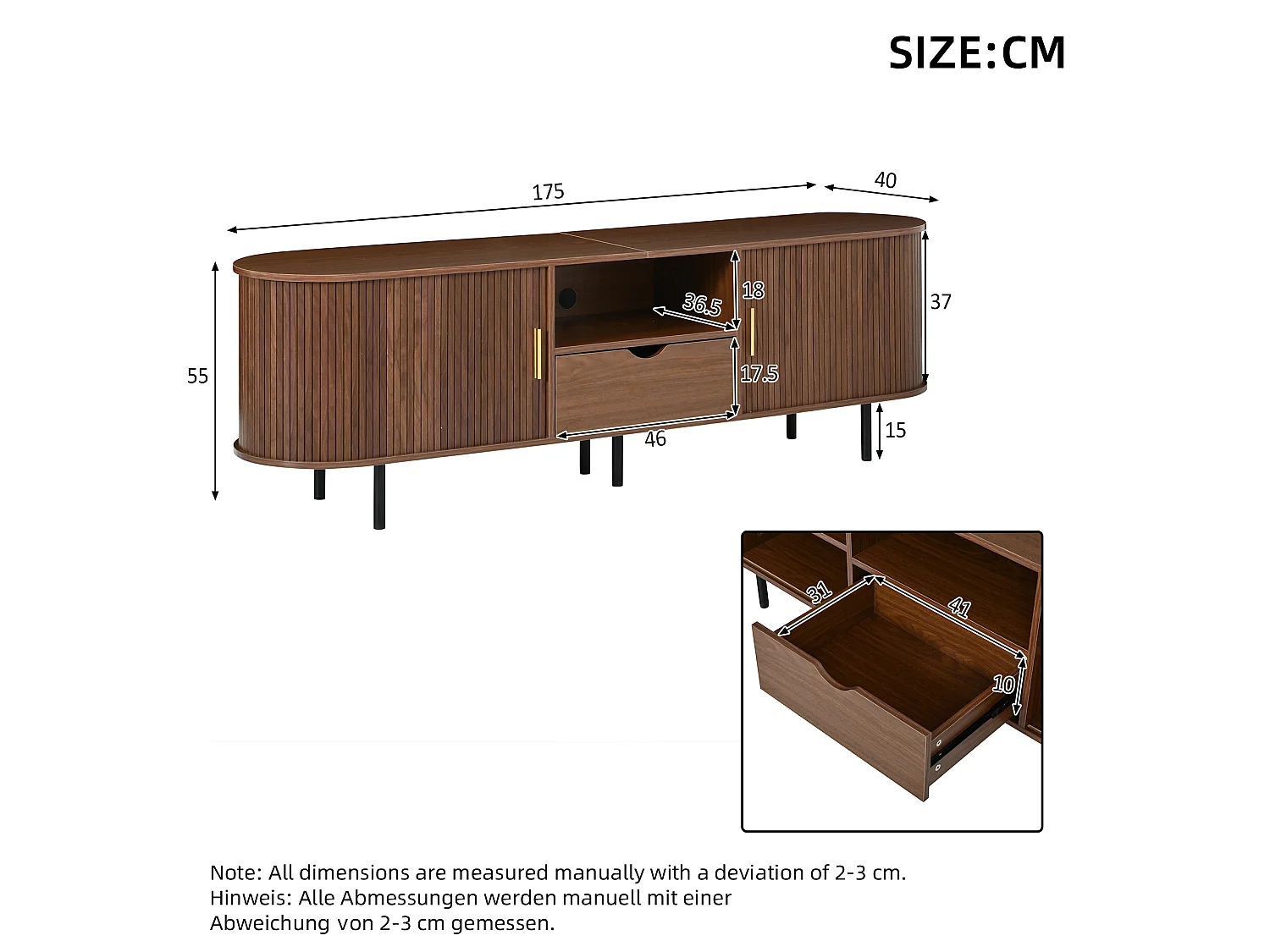 Meuble TV moderne 175x40x55 cm - Angles arrondis - 2 portes coulissantes et 1 tiroir - MDF - Finition noyer - Marron