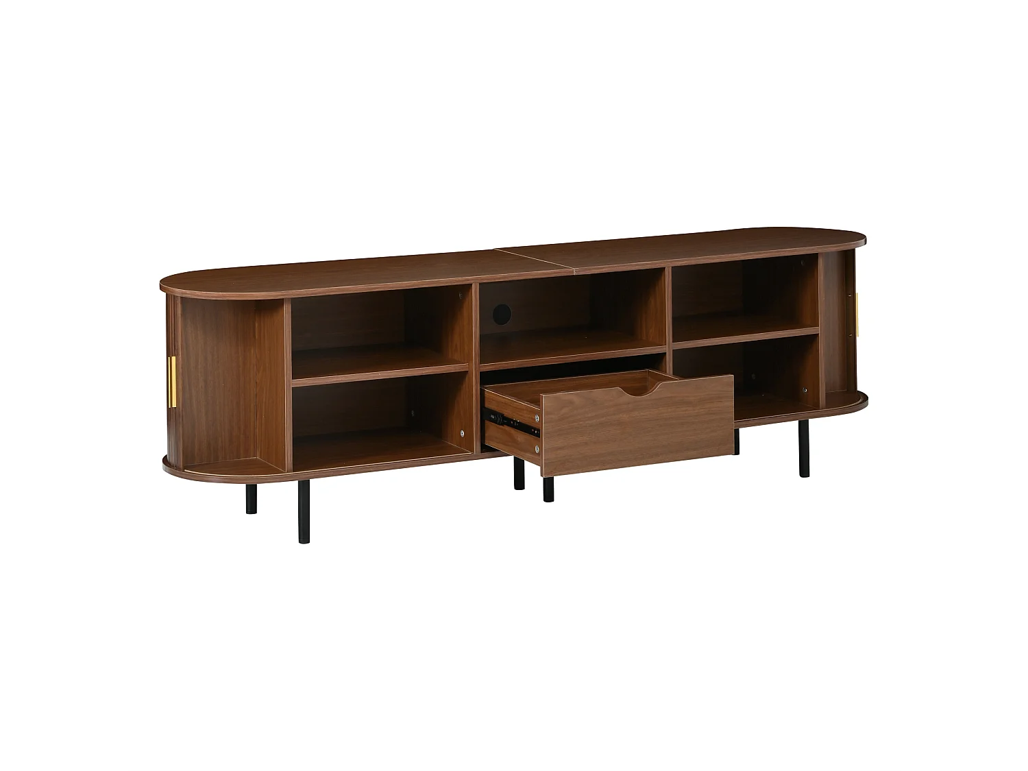 Meuble TV moderne 175x40x55 cm - Angles arrondis - 2 portes coulissantes et 1 tiroir - MDF - Finition noyer - Marron