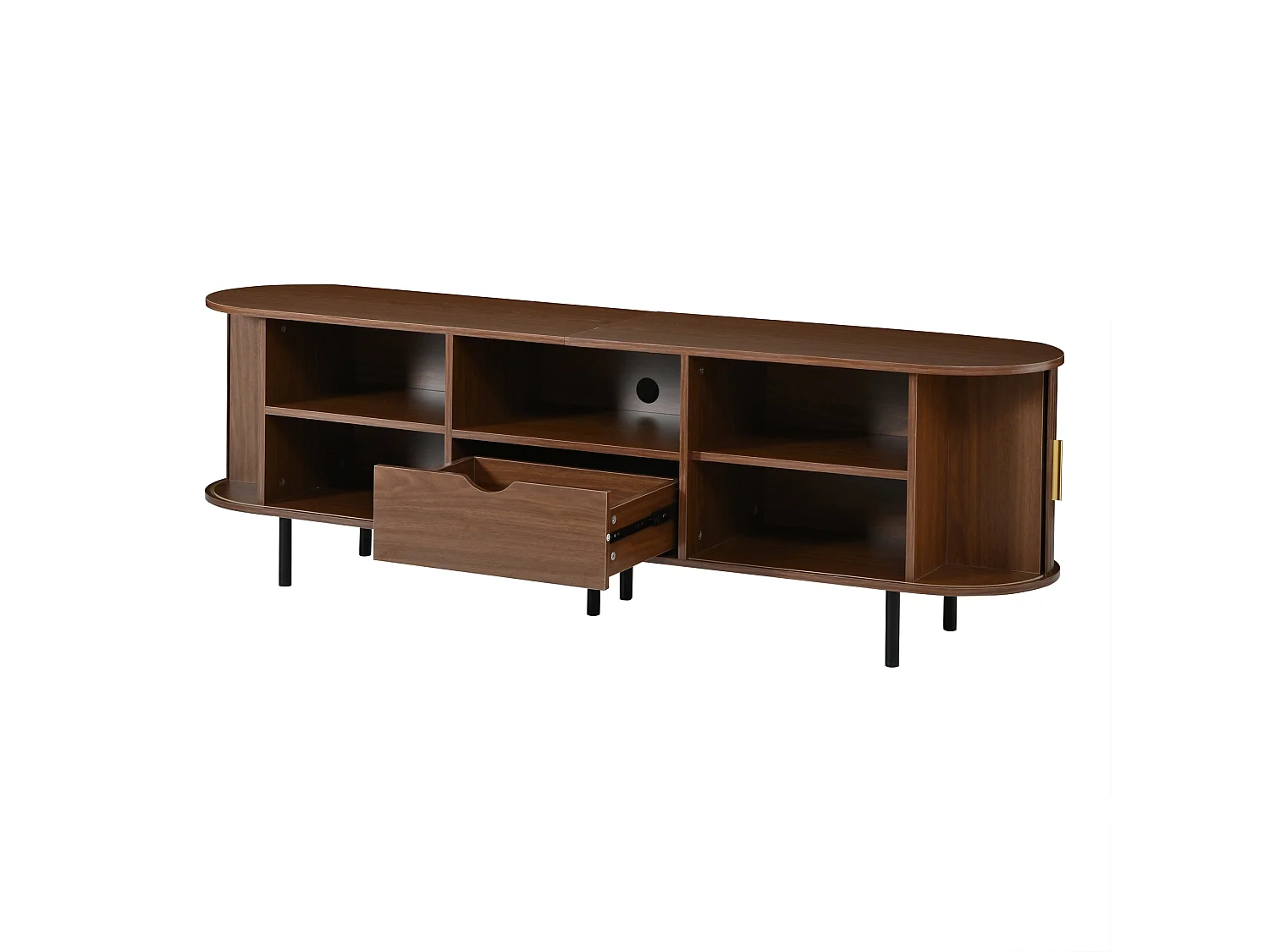 Meuble TV moderne 175x40x55 cm - Angles arrondis - 2 portes coulissantes et 1 tiroir - MDF - Finition noyer - Marron