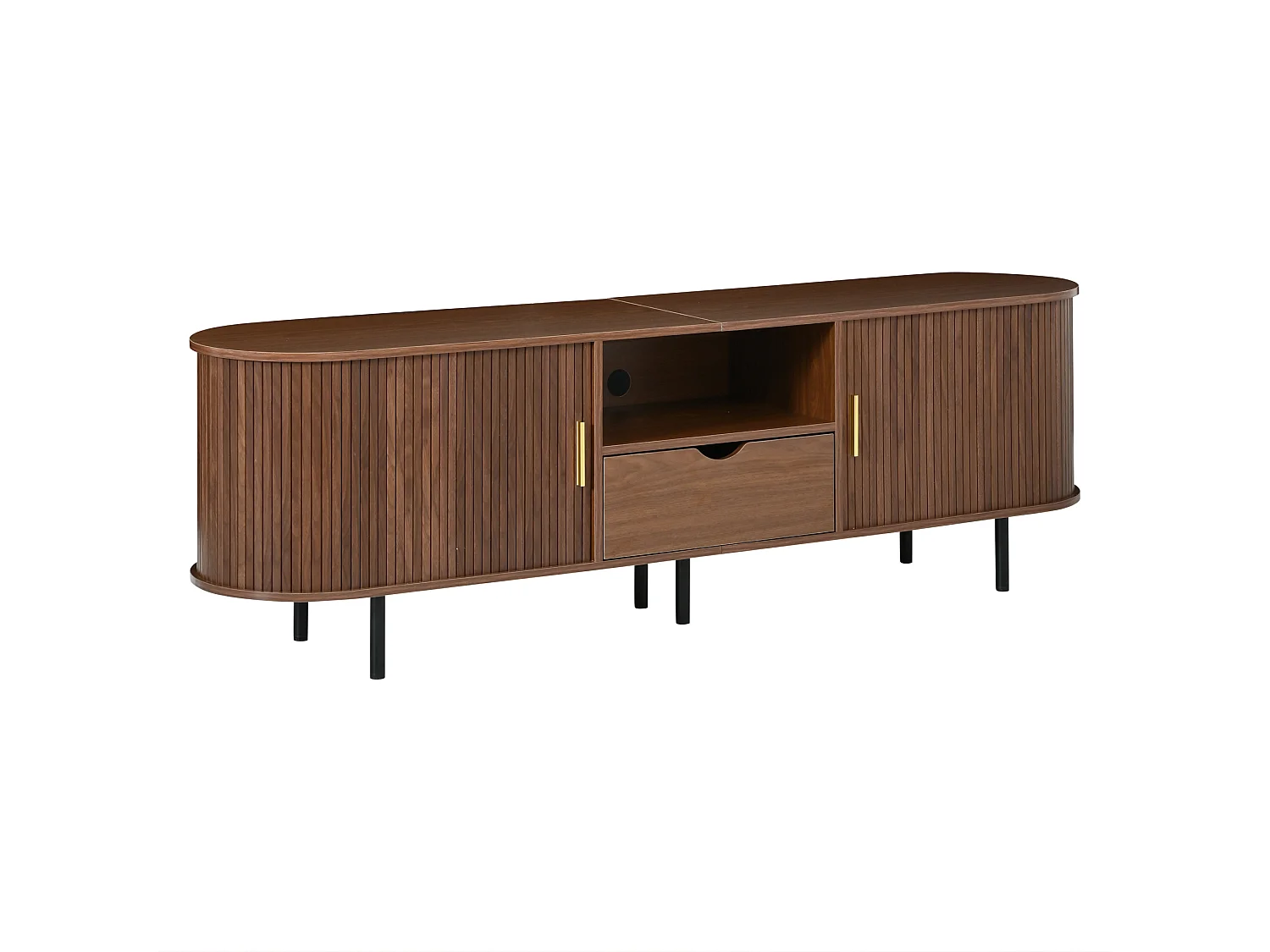 Meuble TV moderne 175x40x55 cm - Angles arrondis - 2 portes coulissantes et 1 tiroir - MDF - Finition noyer - Marron
