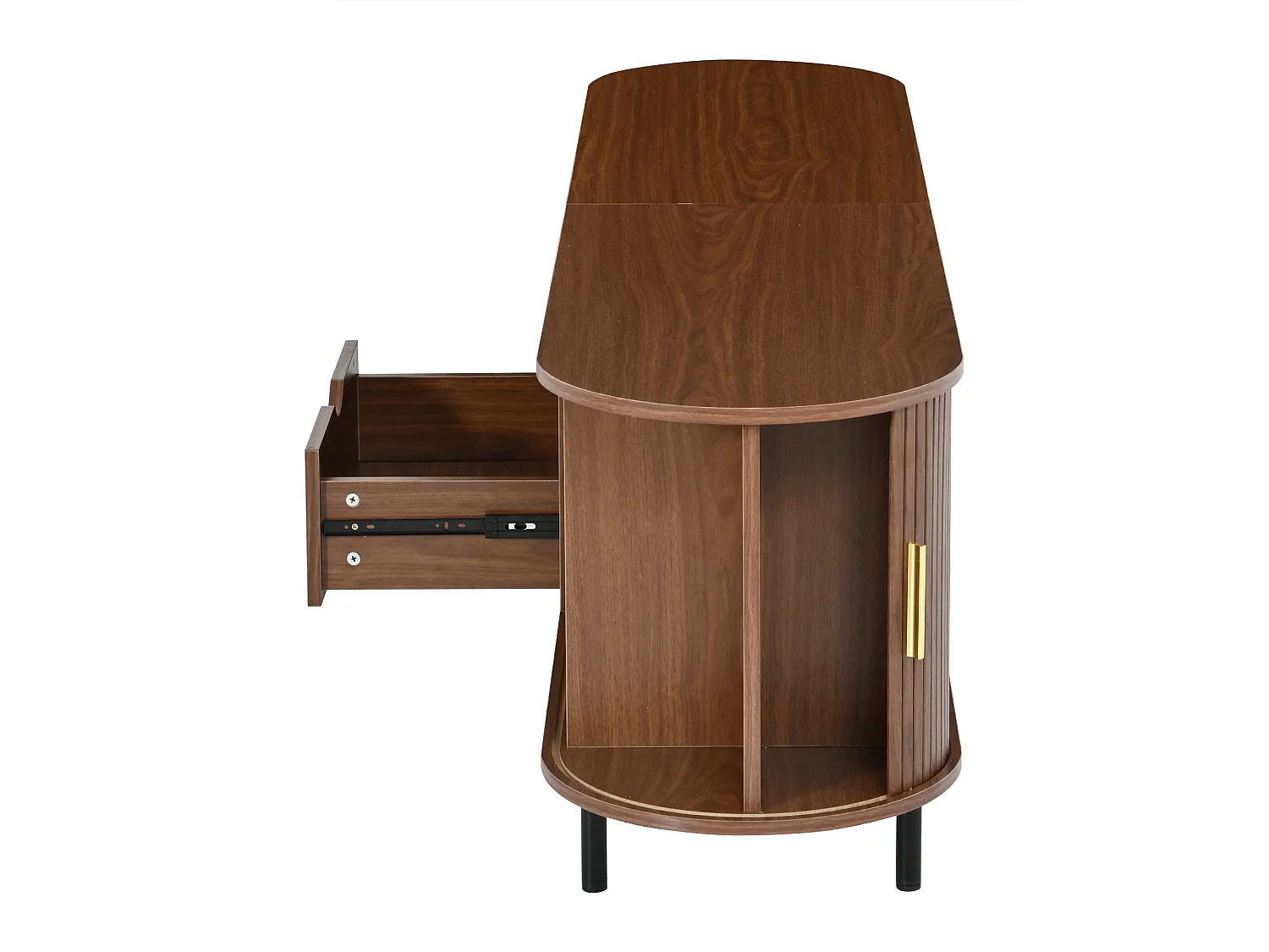 Meuble TV moderne 175x40x55 cm - Angles arrondis - 2 portes coulissantes et 1 tiroir - MDF - Finition noyer - Marron