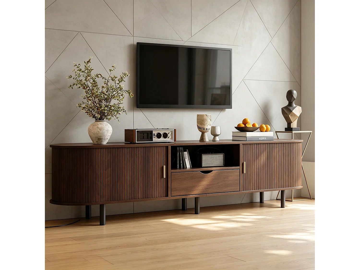Meuble TV moderne 175x40x55 cm - Angles arrondis - 2 portes coulissantes et 1 tiroir - MDF - Finition noyer - Marron