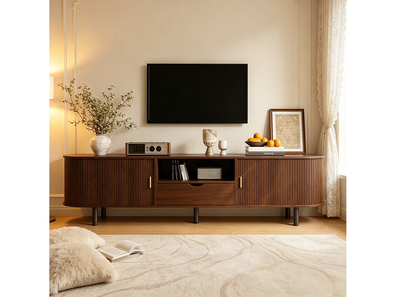 Meuble TV moderne 175x40x55 cm - Angles arrondis - 2 portes coulissantes et 1 tiroir - MDF - Finition noyer - Marron