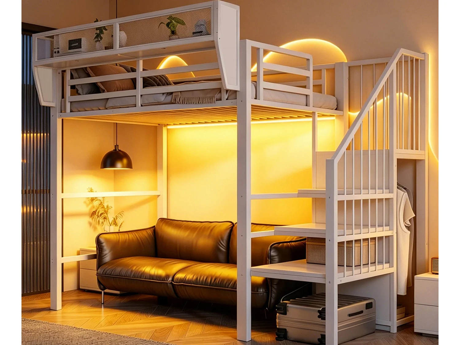 Lit mezzanine 90x200cm - avec éclairage LED - avec échelle de sécurité - avec espace de rangement - blanc (matelas non inclus)