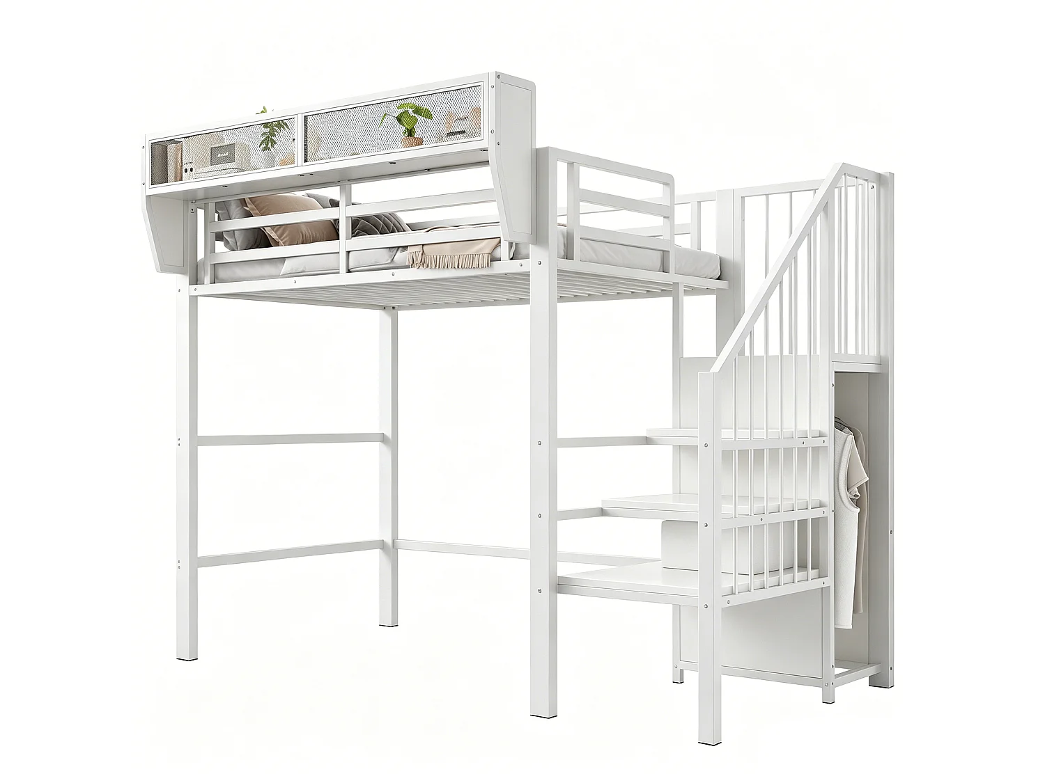 Lit mezzanine 90x200cm - avec éclairage LED - avec échelle de sécurité - avec espace de rangement - blanc (matelas non inclus)