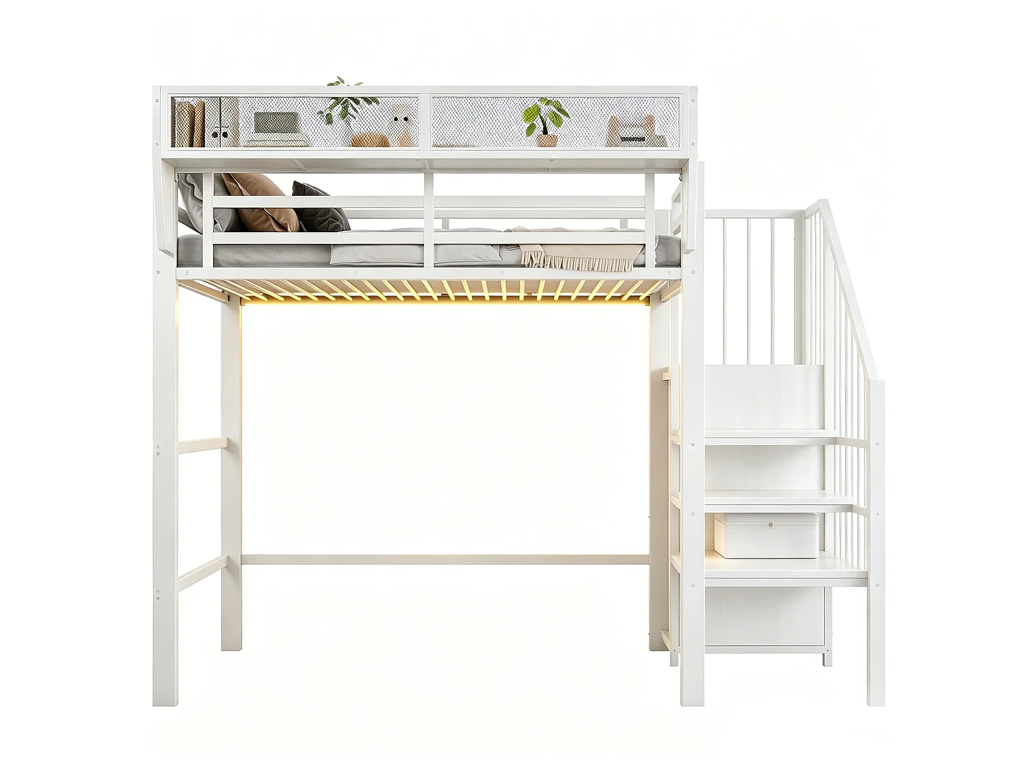 Lit mezzanine 90x200cm - avec éclairage LED - avec échelle de sécurité - avec espace de rangement - blanc (matelas non inclus)
