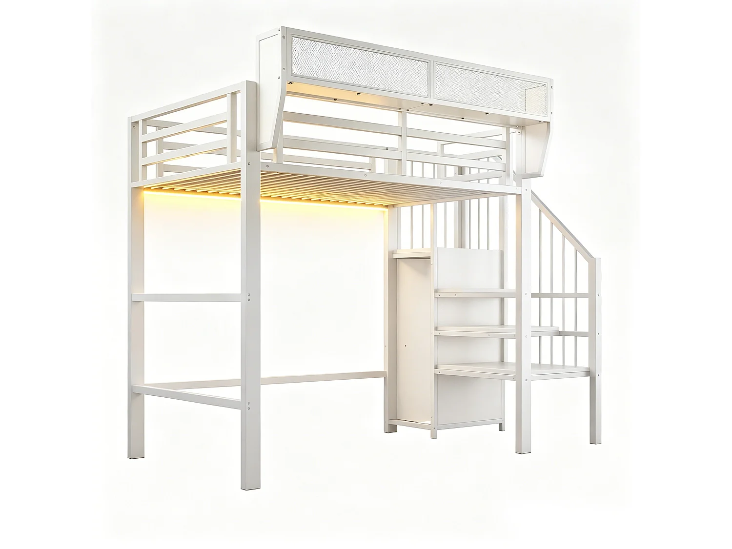 Lit mezzanine 90x200cm - avec éclairage LED - avec échelle de sécurité - avec espace de rangement - blanc (matelas non inclus)