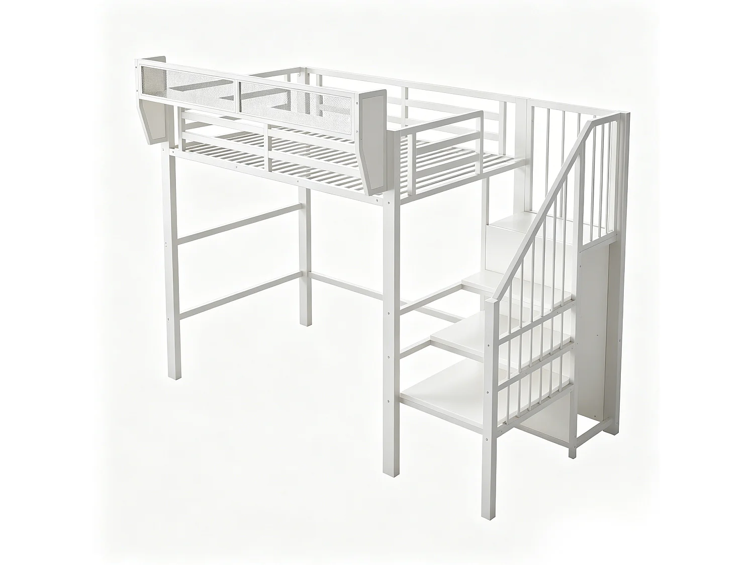 Lit mezzanine 90x200cm - avec éclairage LED - avec échelle de sécurité - avec espace de rangement - blanc (matelas non inclus)