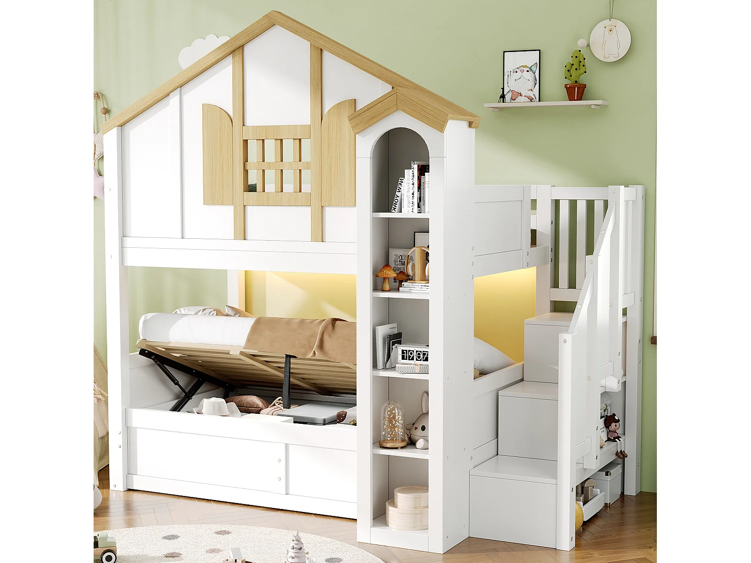 Lit superposé enfant 90x200+90x200 cm - Lit inférieur coffre - Avec LED et escalier de rangement - Blanc et naturel (sans matelas)