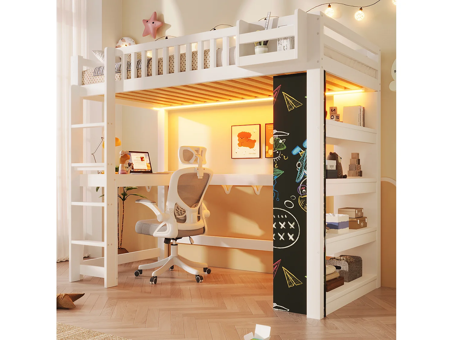 Lit mezzanine 90x200 cm - avec tableau noir - avec bureau - avec compartiments de rangement - avec éclairage LED - blanc (matelas non inclus)